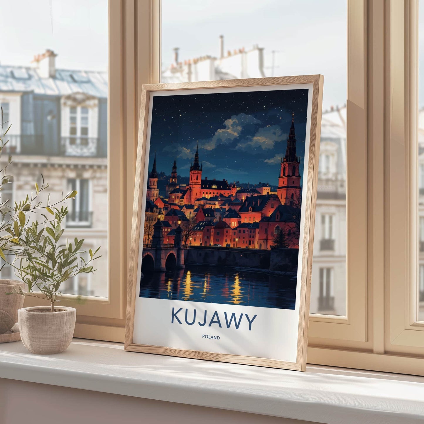 Kujawy Poster - Poland Travel Art - Illuminated Cityscape River Home Decor