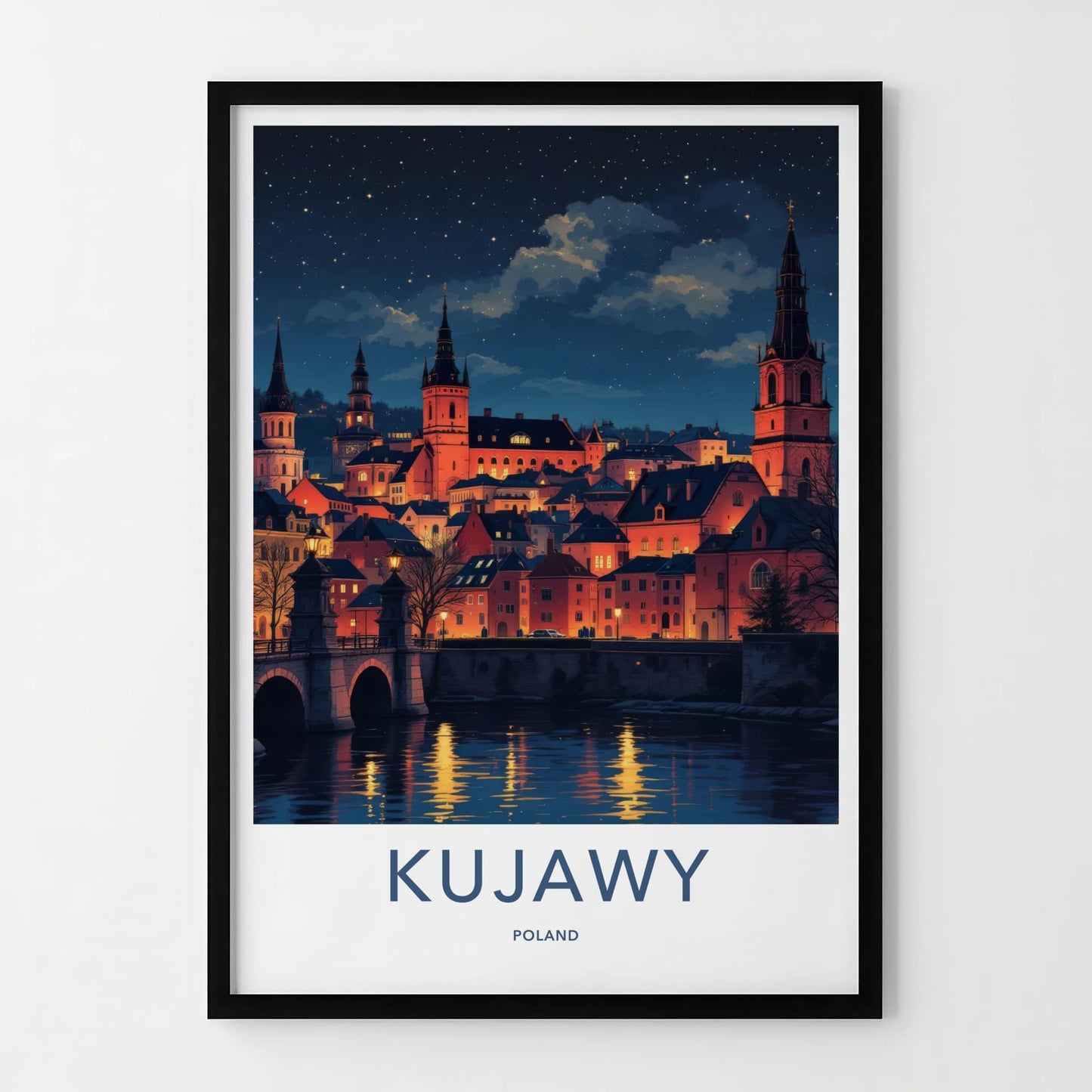 Kujawy Poster - Poland Travel Art - Illuminated Cityscape River Home Decor