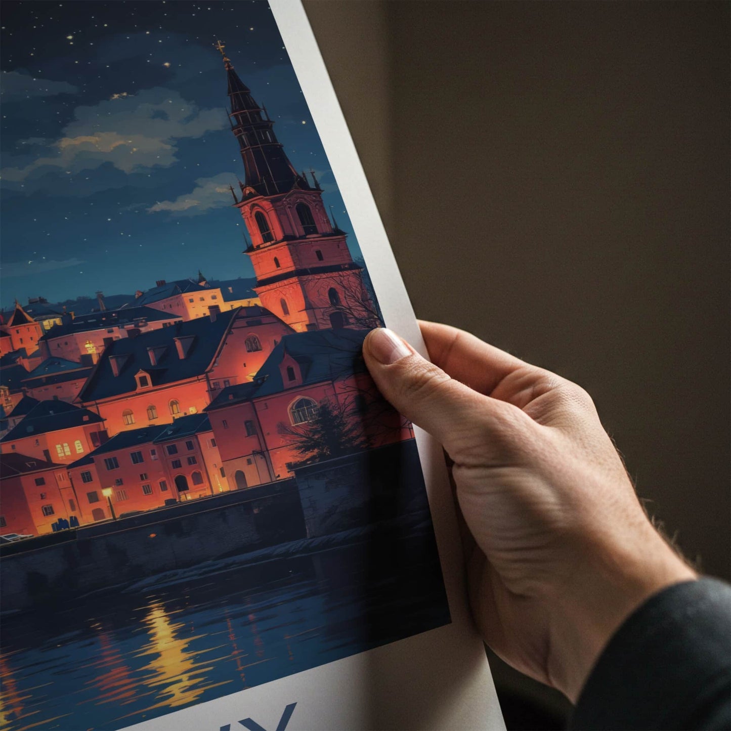 Kujawy Poster - Poland Travel Art - Illuminated Cityscape River Home Decor