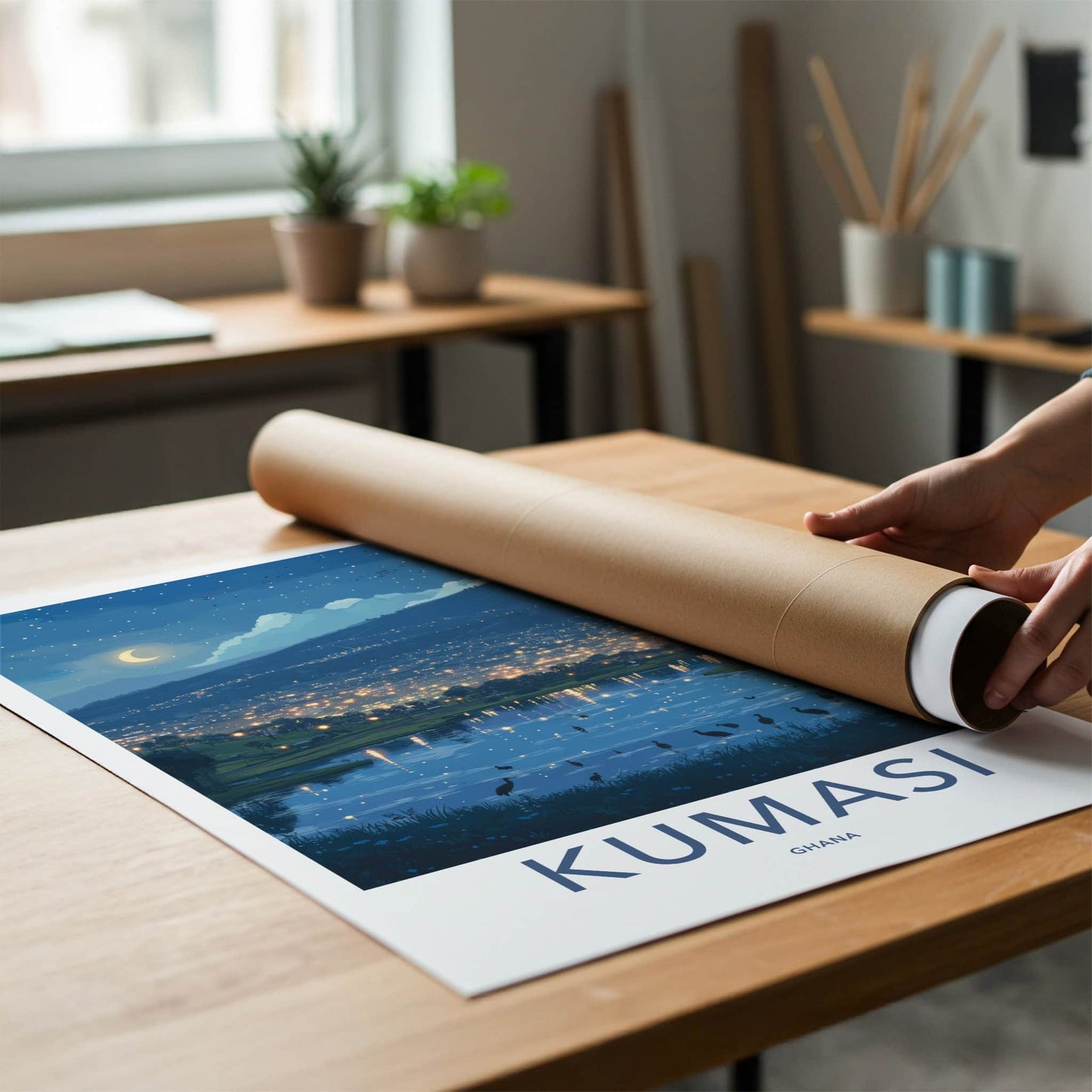 Kumasi Poster - Ghana Travel Art - Moonlit city reflections Home Decor