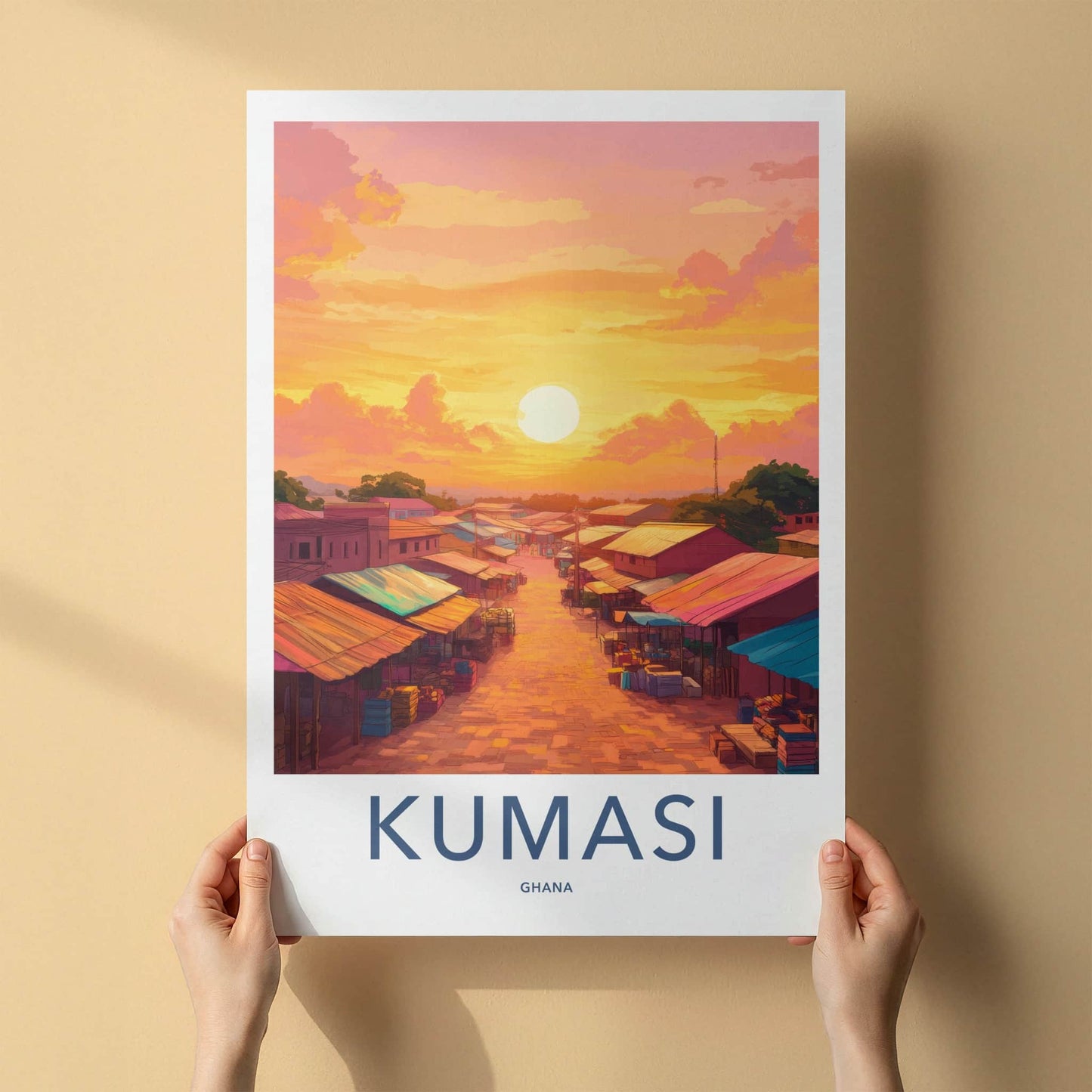 Kumasi Poster - Ghana Travel Print - Vibrant Market Sunset Framed Decor
