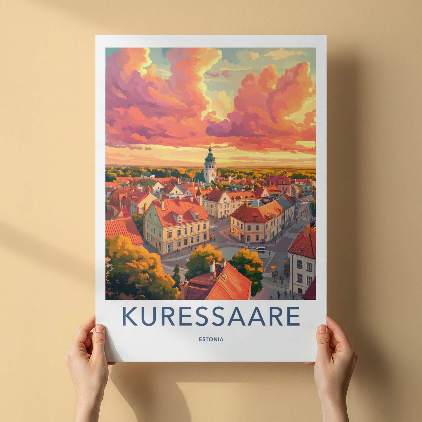 Kuressaare Poster - Estonia Travel Art - Vibrant Rooftop Sunset Home Decor