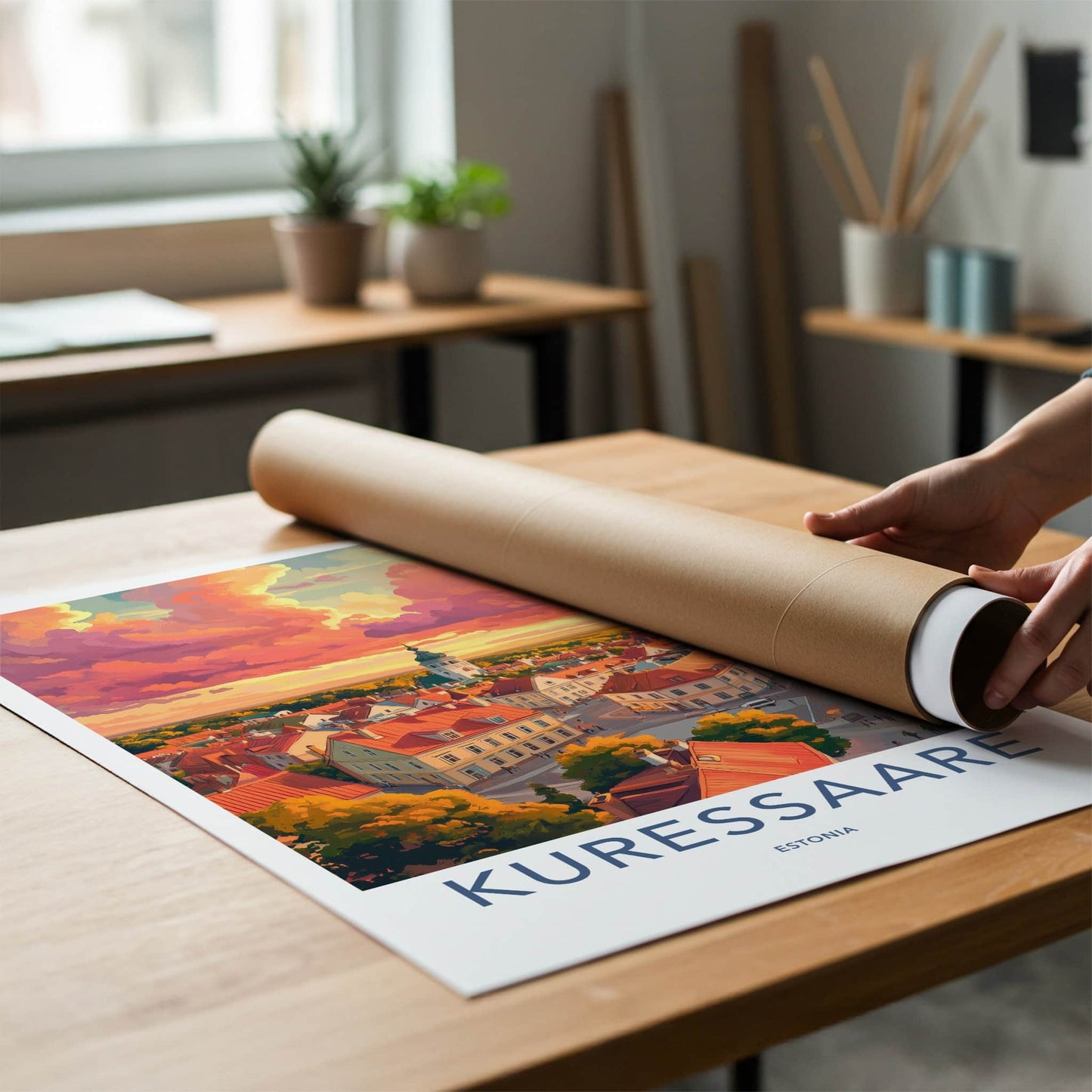 Kuressaare Poster - Estonia Travel Art - Vibrant Rooftop Sunset Home Decor
