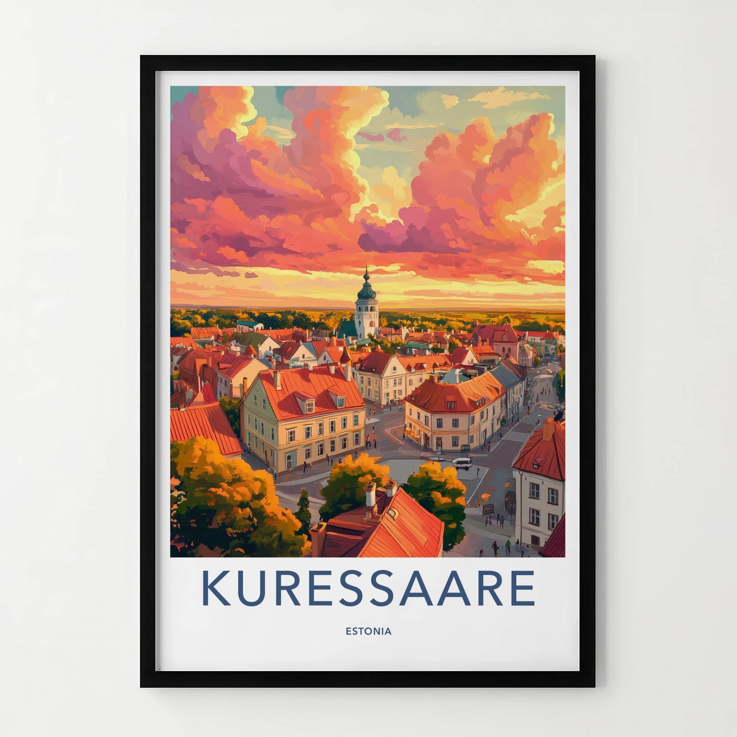 Kuressaare Poster - Estonia Travel Art - Vibrant Rooftop Sunset Home Decor