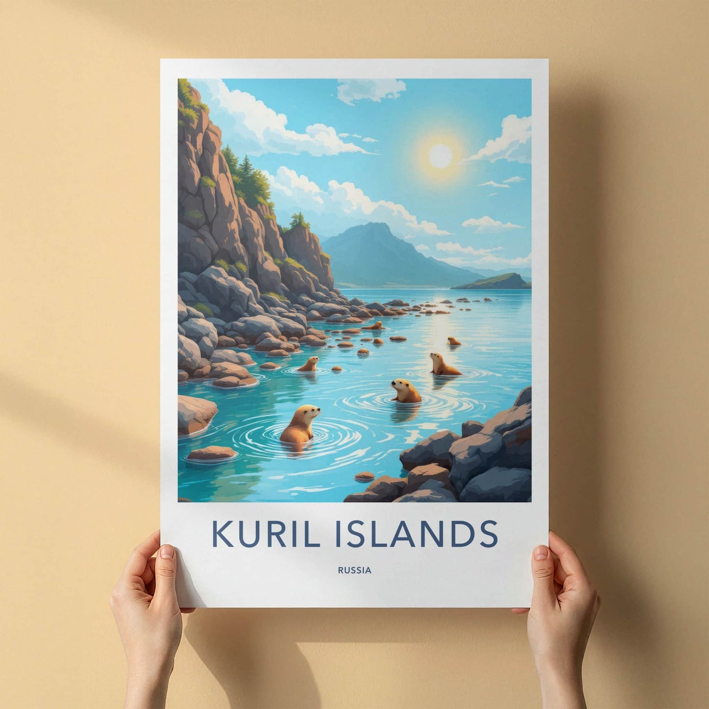 Kuril Islands Poster - Russia Wall Art - Swimming Otters Rocky Shore Gift