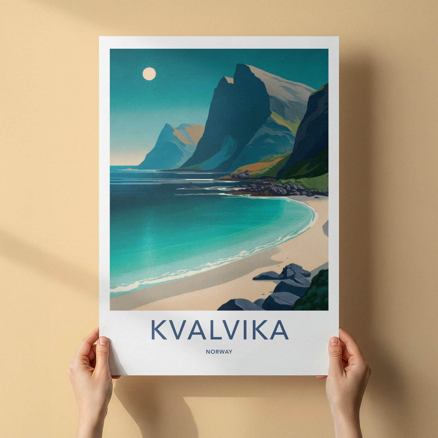 Kvalvika Poster - Norway Travel Art - Moonlit Mountain Beach Home Decor