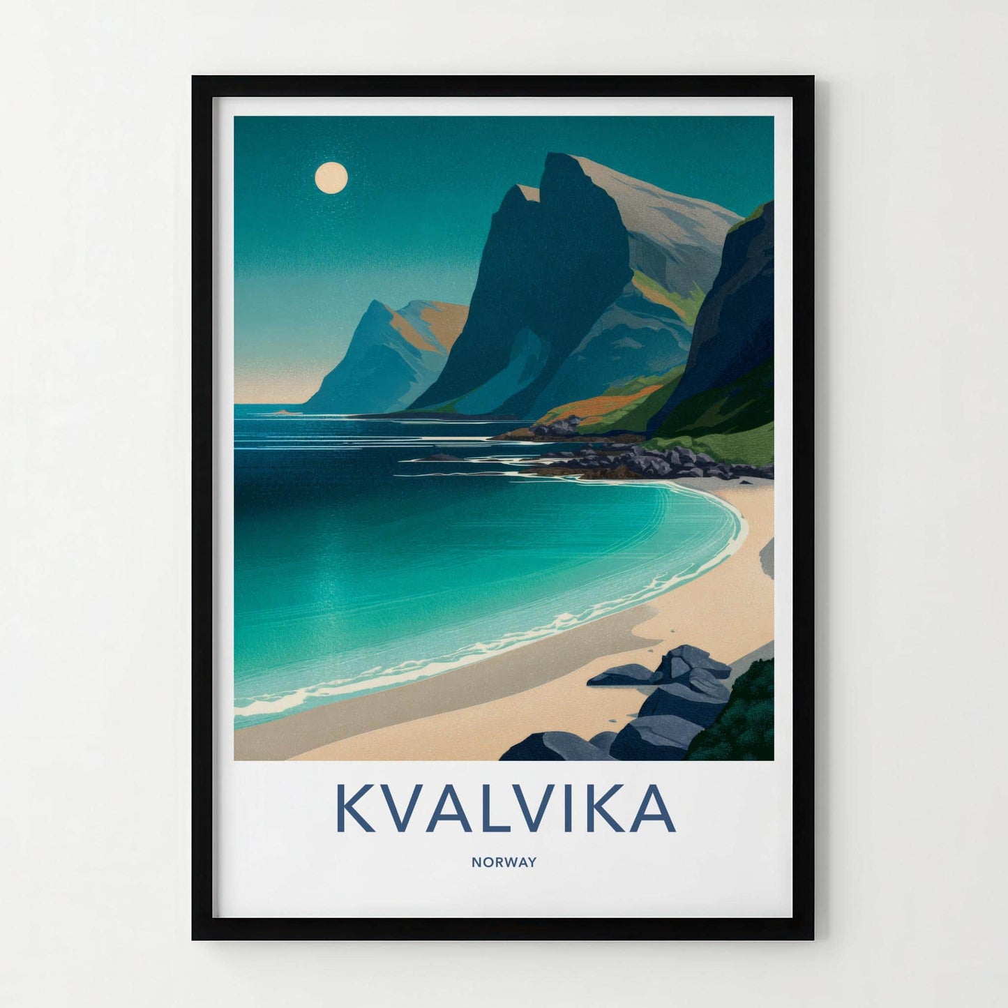 Kvalvika Poster - Norway Travel Art - Moonlit Mountain Beach Home Decor