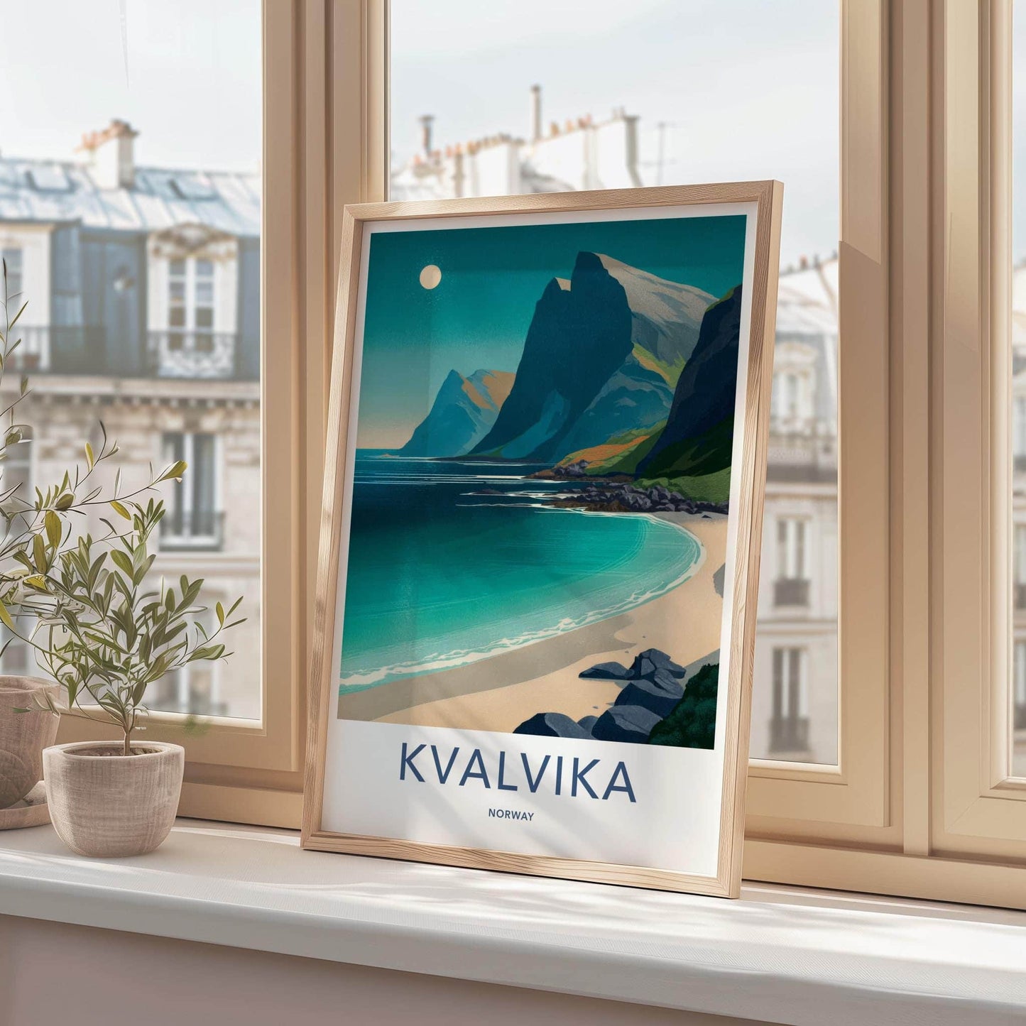 Kvalvika Poster - Norway Travel Art - Moonlit Mountain Beach Home Decor