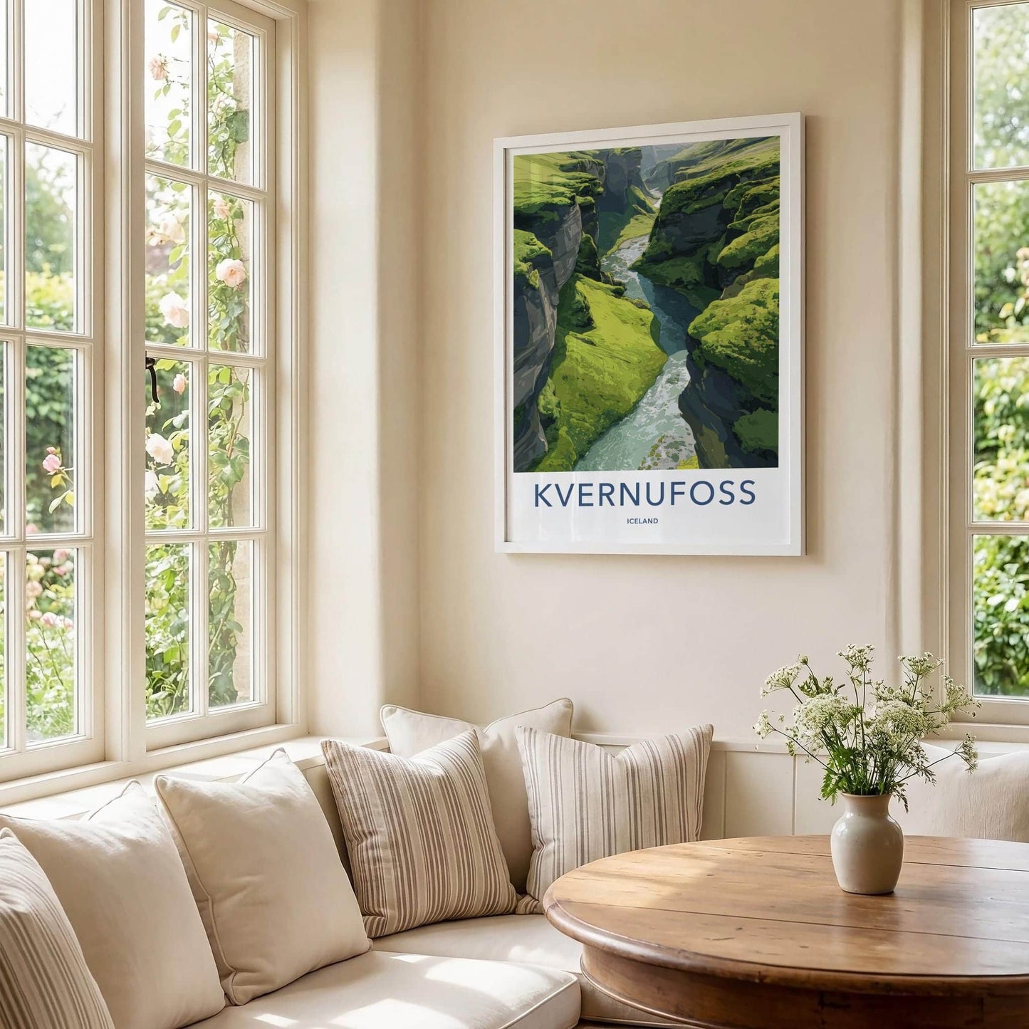 KVERNUFOSS Poster - Iceland Travel Art - Lush Green Canyon Home Decor