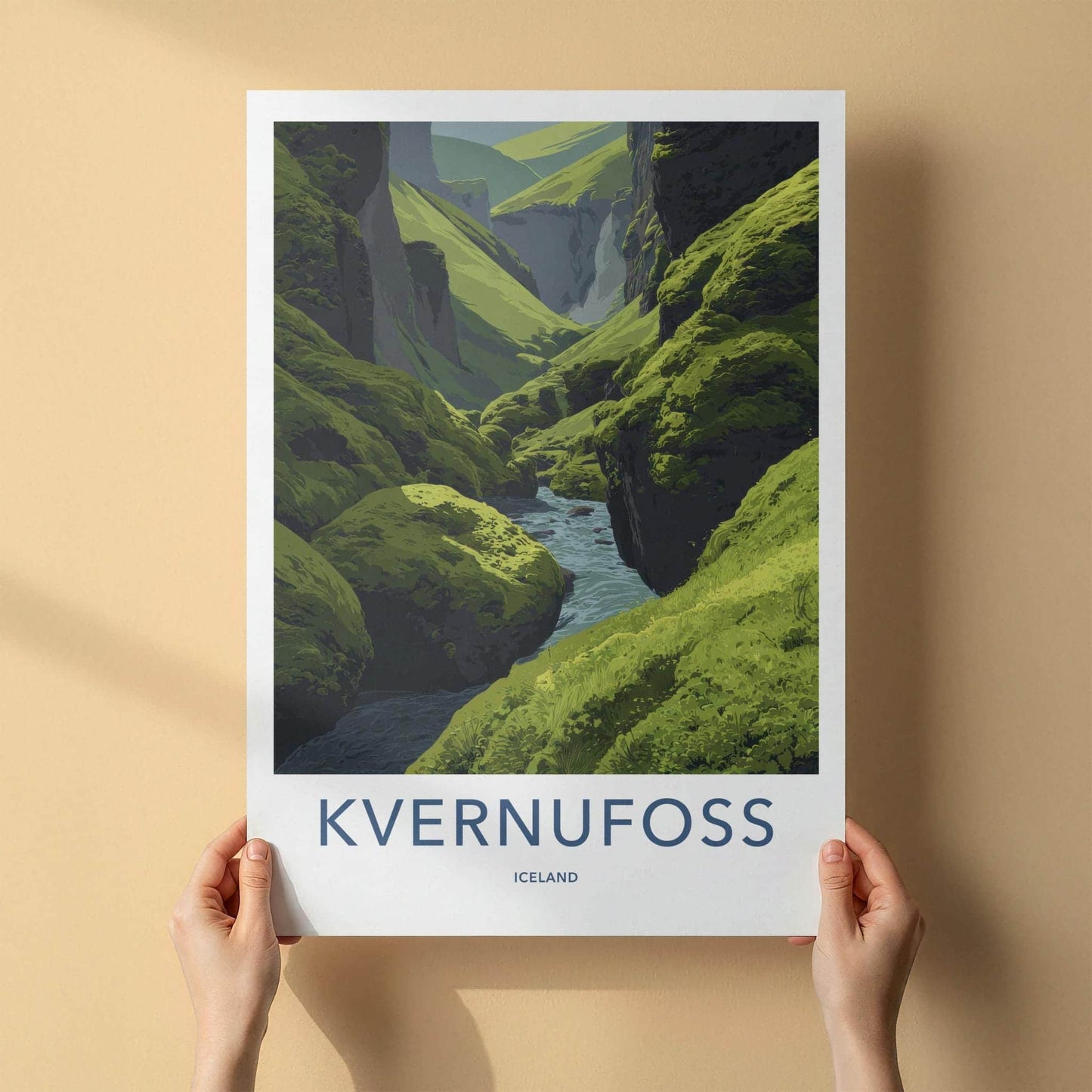 Kvernufoss Poster - Iceland Travel Art - Mossy Canyon River Wall Decor