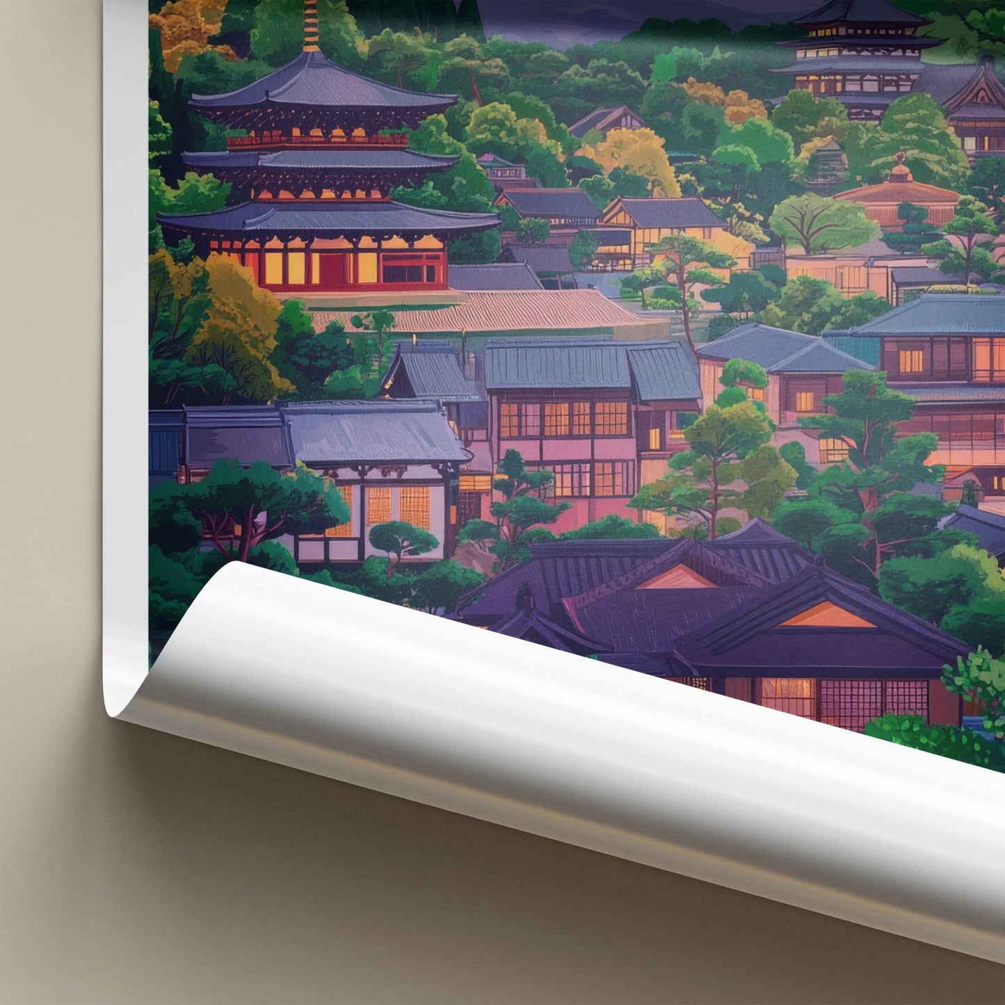 Kyoto Poster - Japan Travel Art - Green Hillside Village Home Decor