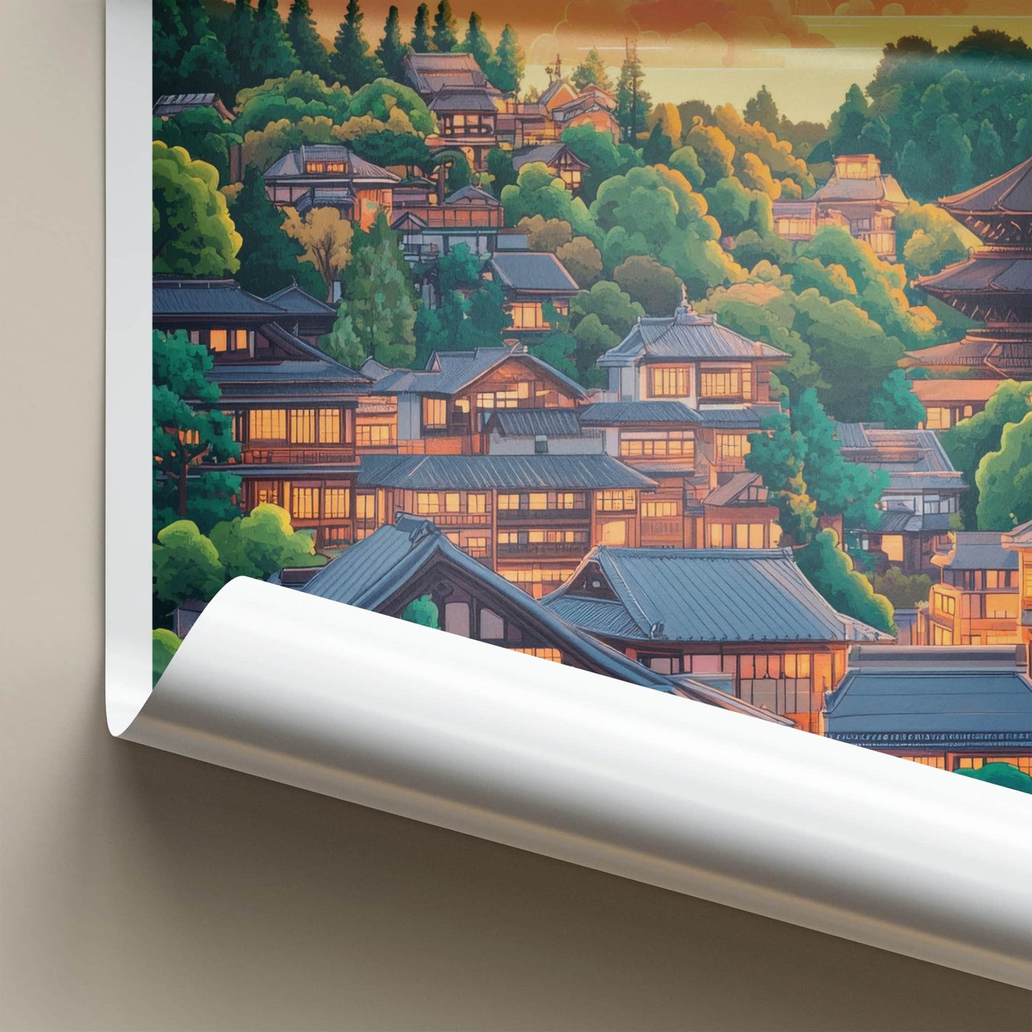 Kyoto Poster - Japan Travel Art - Hillside Pagoda Sunset Home Decor
