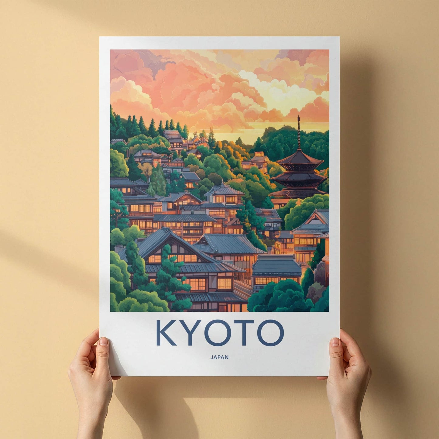 Kyoto Poster - Japan Travel Art - Hillside Pagoda Sunset Home Decor