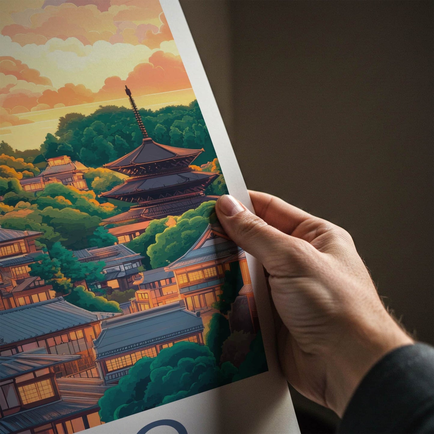 Kyoto Poster - Japan Travel Art - Hillside Pagoda Sunset Home Decor