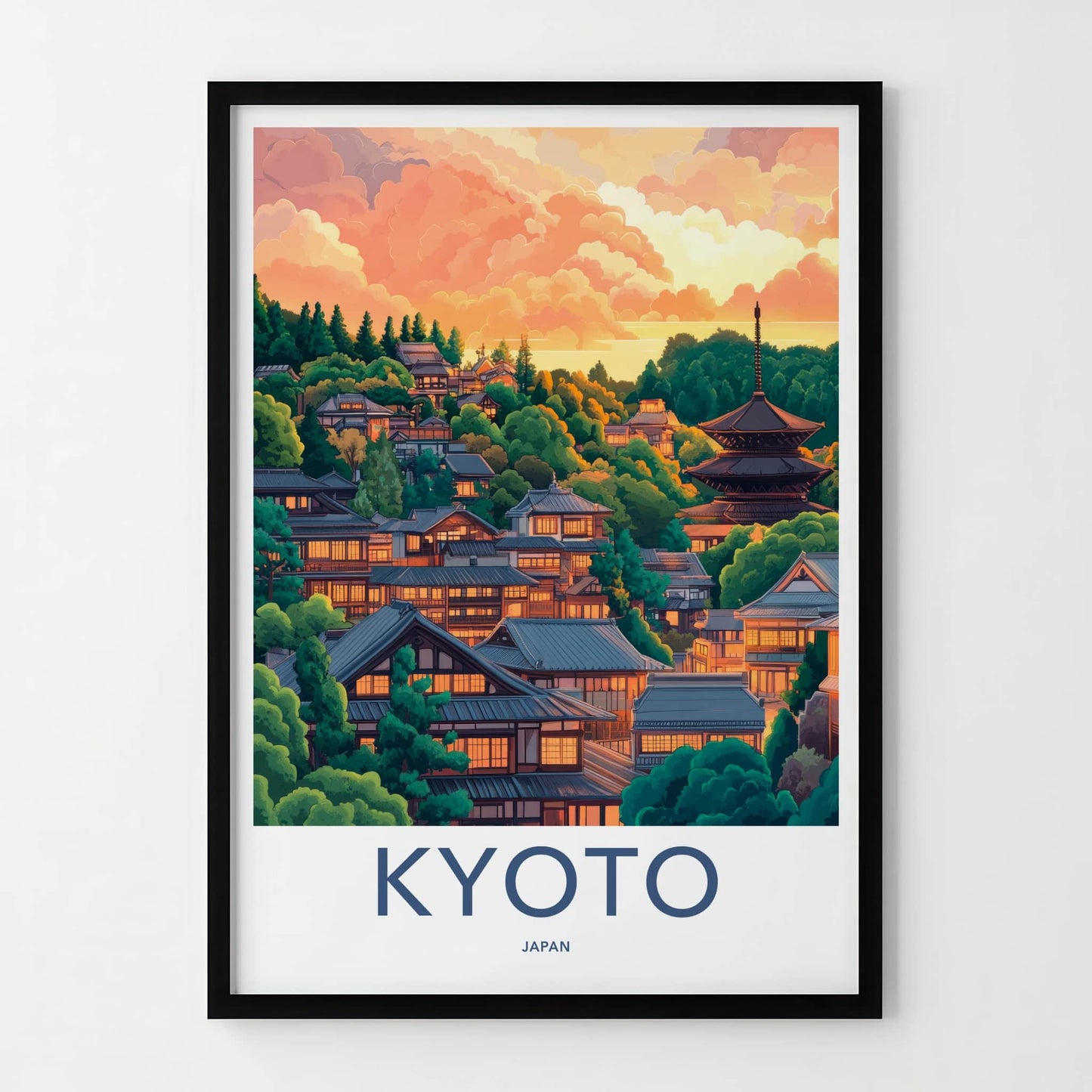 Kyoto Poster - Japan Travel Art - Hillside Pagoda Sunset Home Decor
