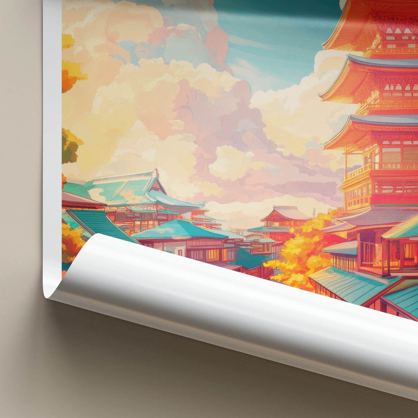 Kyoto Poster - Japan Travel Art - Pagoda Autumn Clouds Home Decor