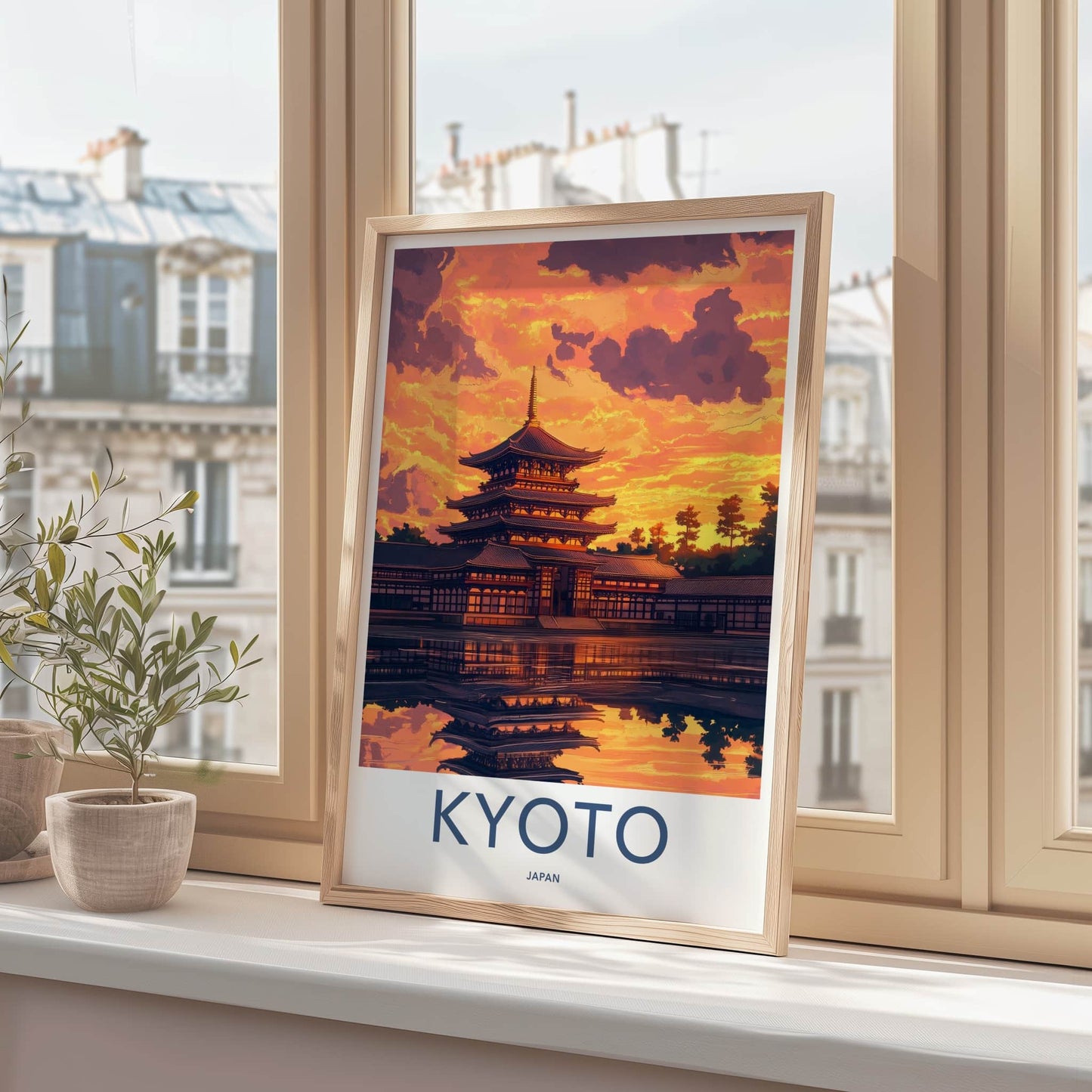 Kyoto Poster - Japan Travel Art - Pagoda Sunset Reflection Home Decor