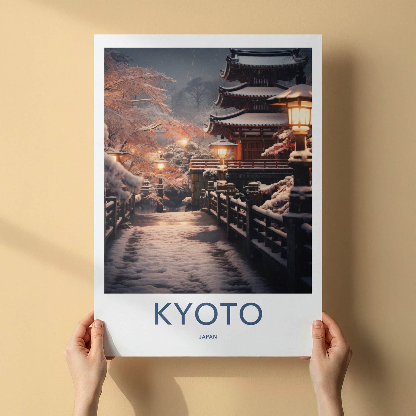 Kyoto Poster - Japan Travel Art - Snowy Temple Lanterns Home Decor