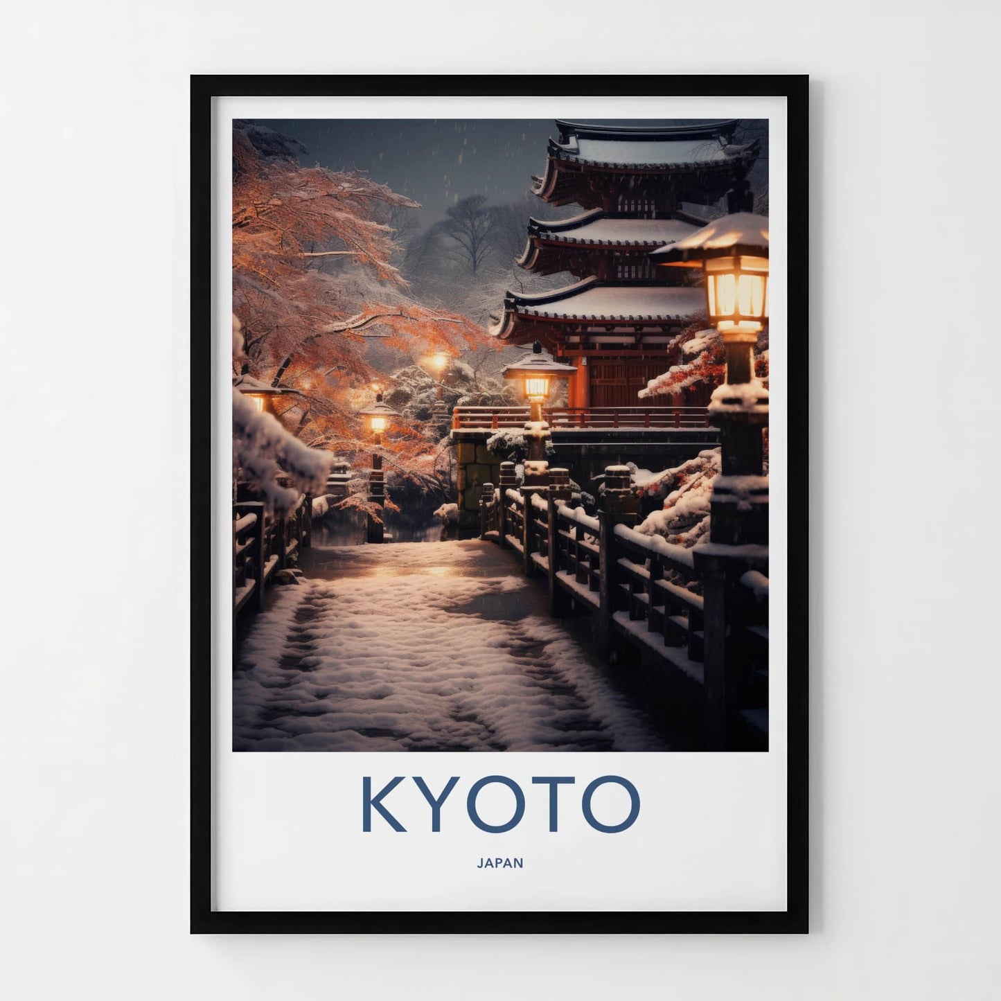 Kyoto Poster - Japan Travel Art - Snowy Temple Lanterns Home Decor