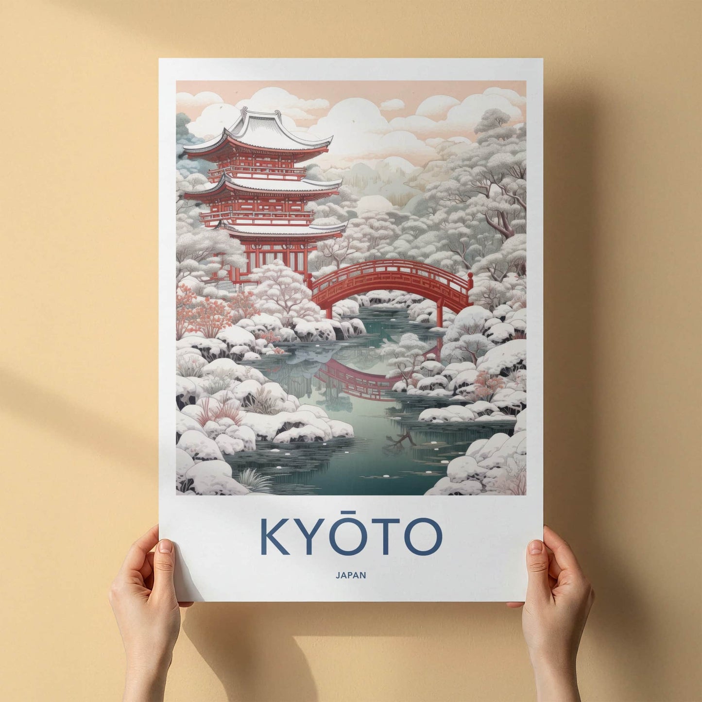 Kyoto Poster - Japan Wall Art - Red Temple Snow Scene Home Decor