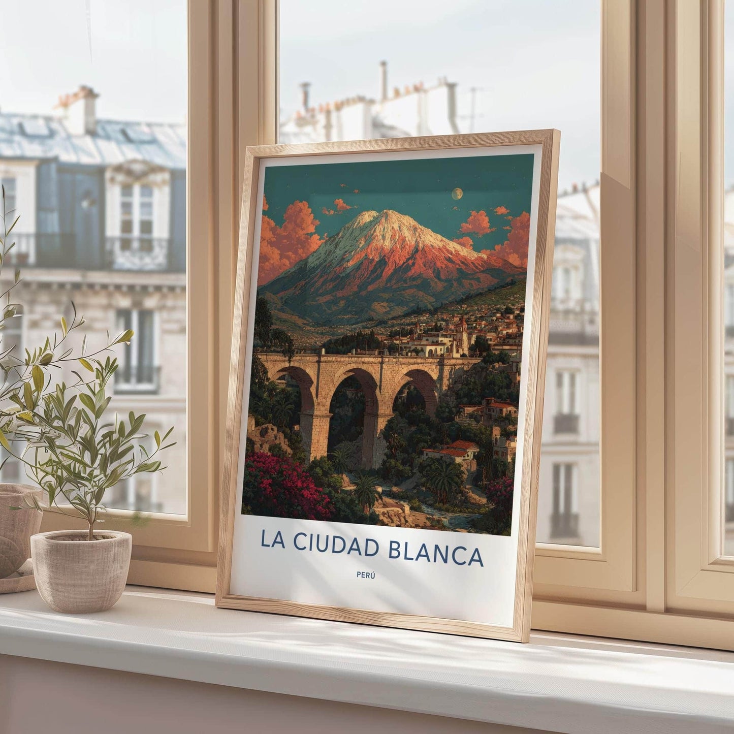 La Ciudad Blanca Poster - Peru Travel Art - Arched Bridge Volcano Home Decor