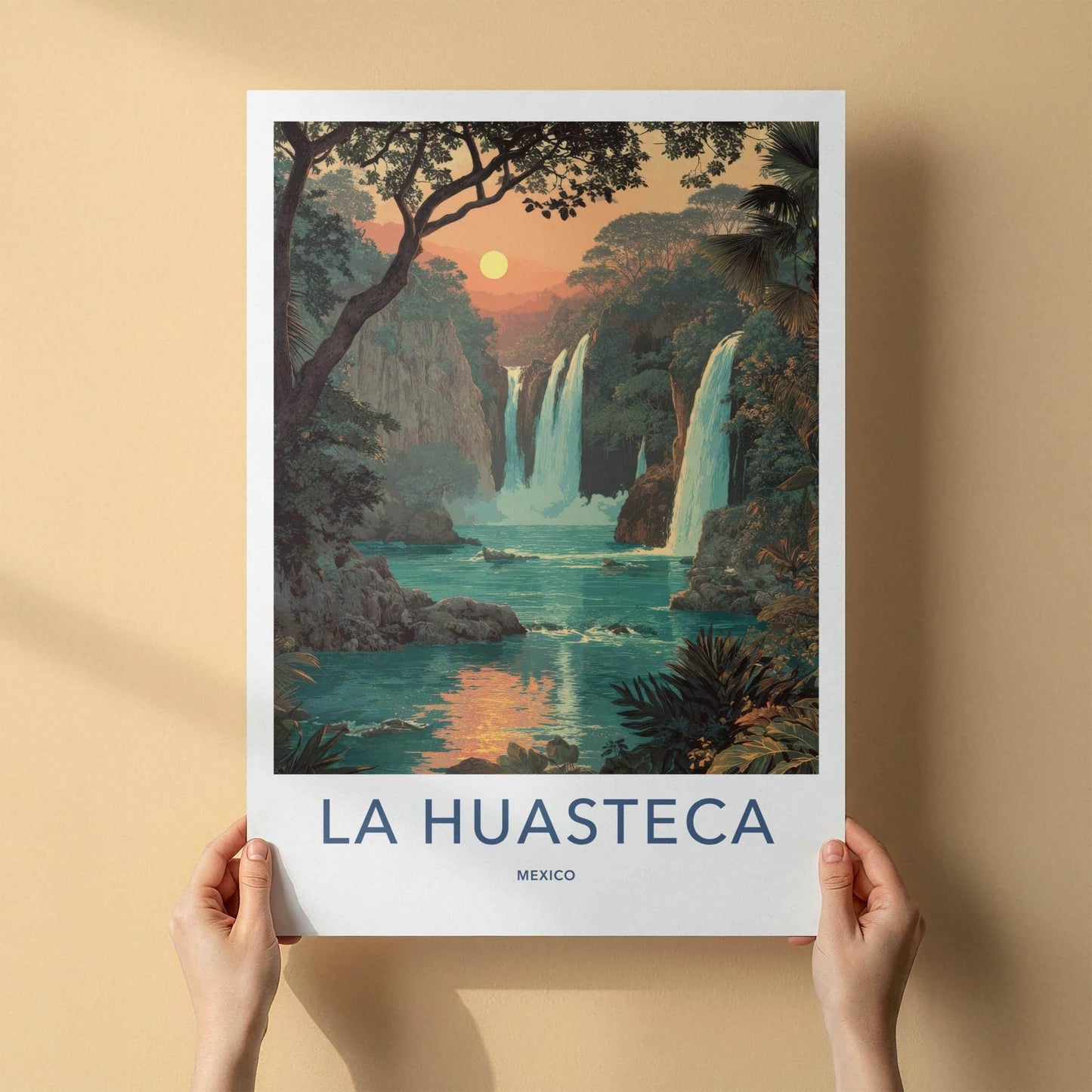 LA HUASTECA Poster - Mexico Travel Art - Tropical Waterfall Scene Home Decor