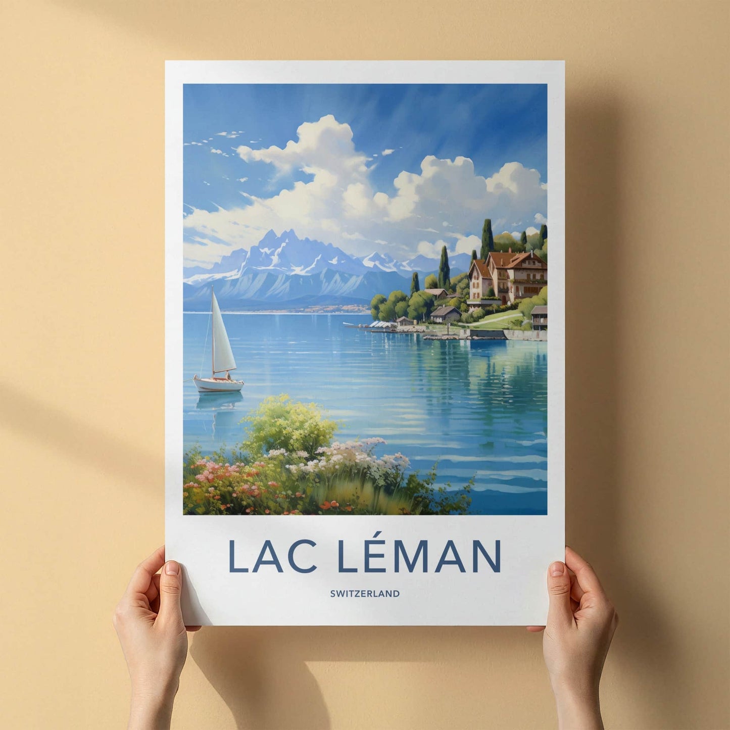 Lac Leman Poster - Switzerland Travel Art - Alpine Lake Sailboat Home Decor