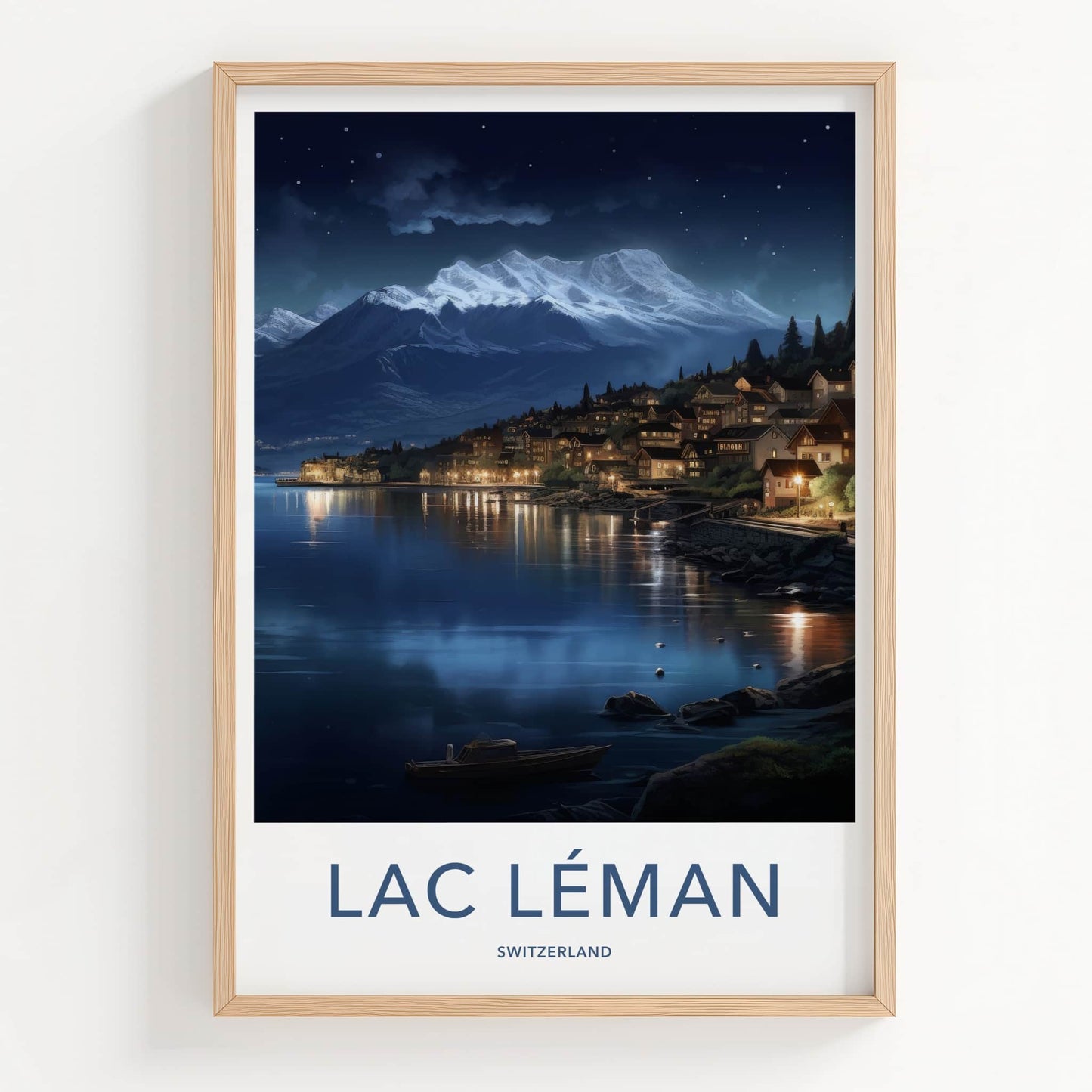 Lac Leman Poster - Switzerland Travel Art - Illuminated Mountain Village Home Decor