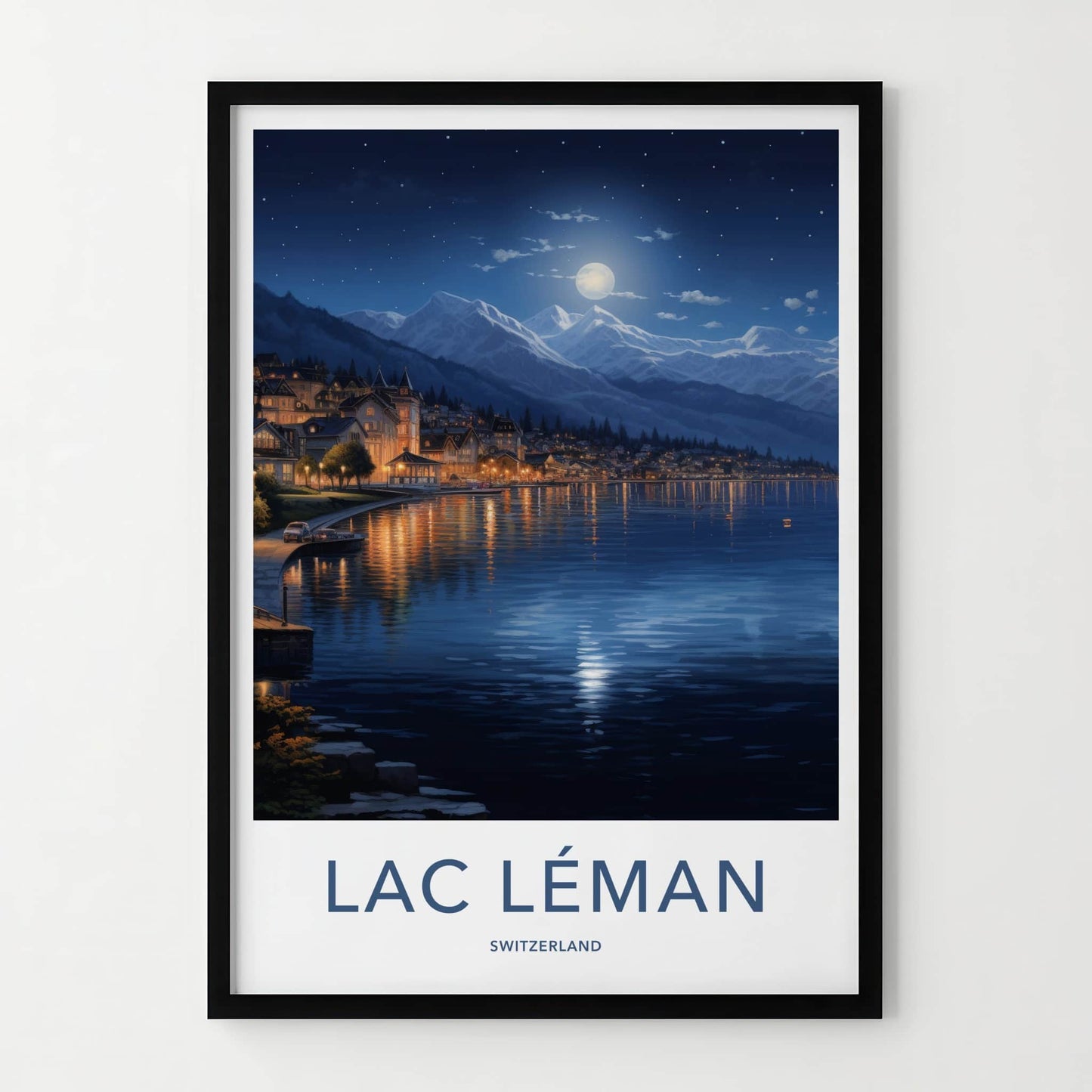 Lac Leman Poster - Switzerland Travel Art - Moonlit Lake Village Home Decor
