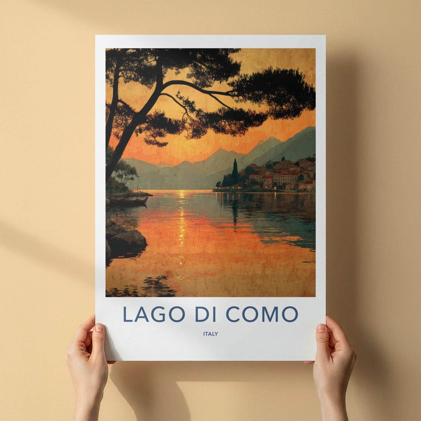 Lago Di Como Poster - Italy Travel Art - Sunset Lake Village Home Decor