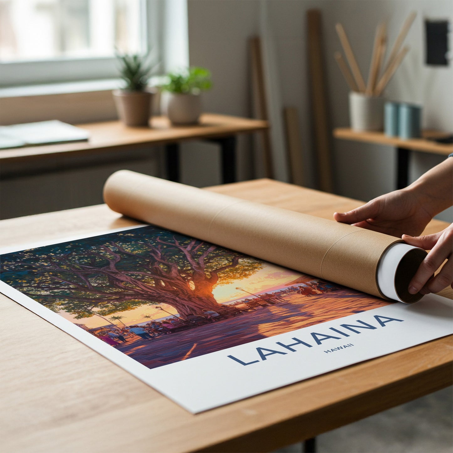 Lahaina Poster - Hawaii Travel Art - Banyan Tree Sunset Home Decor