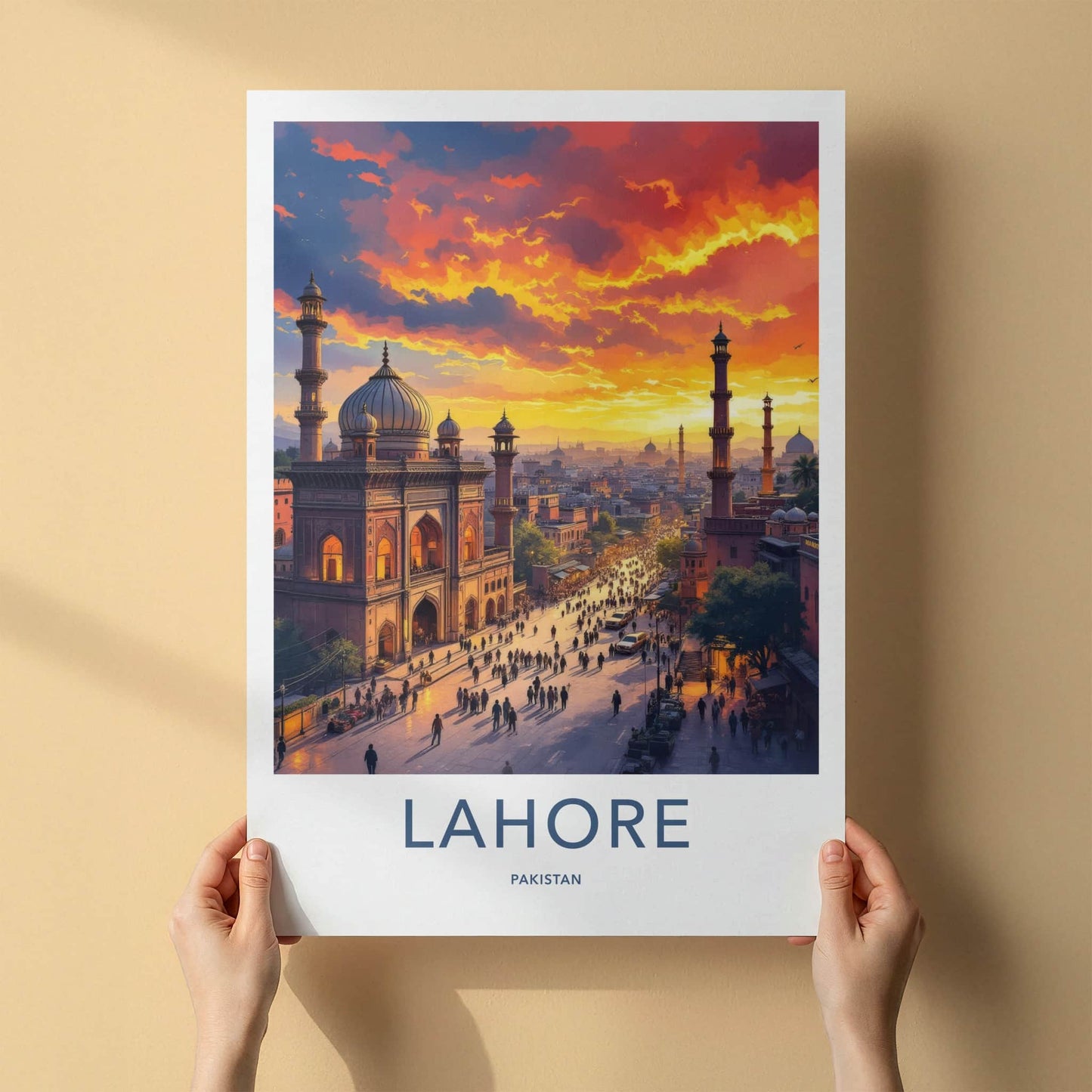 Lahore Poster - Pakistan Travel Art - Fiery Sunset Mosque Home Decor
