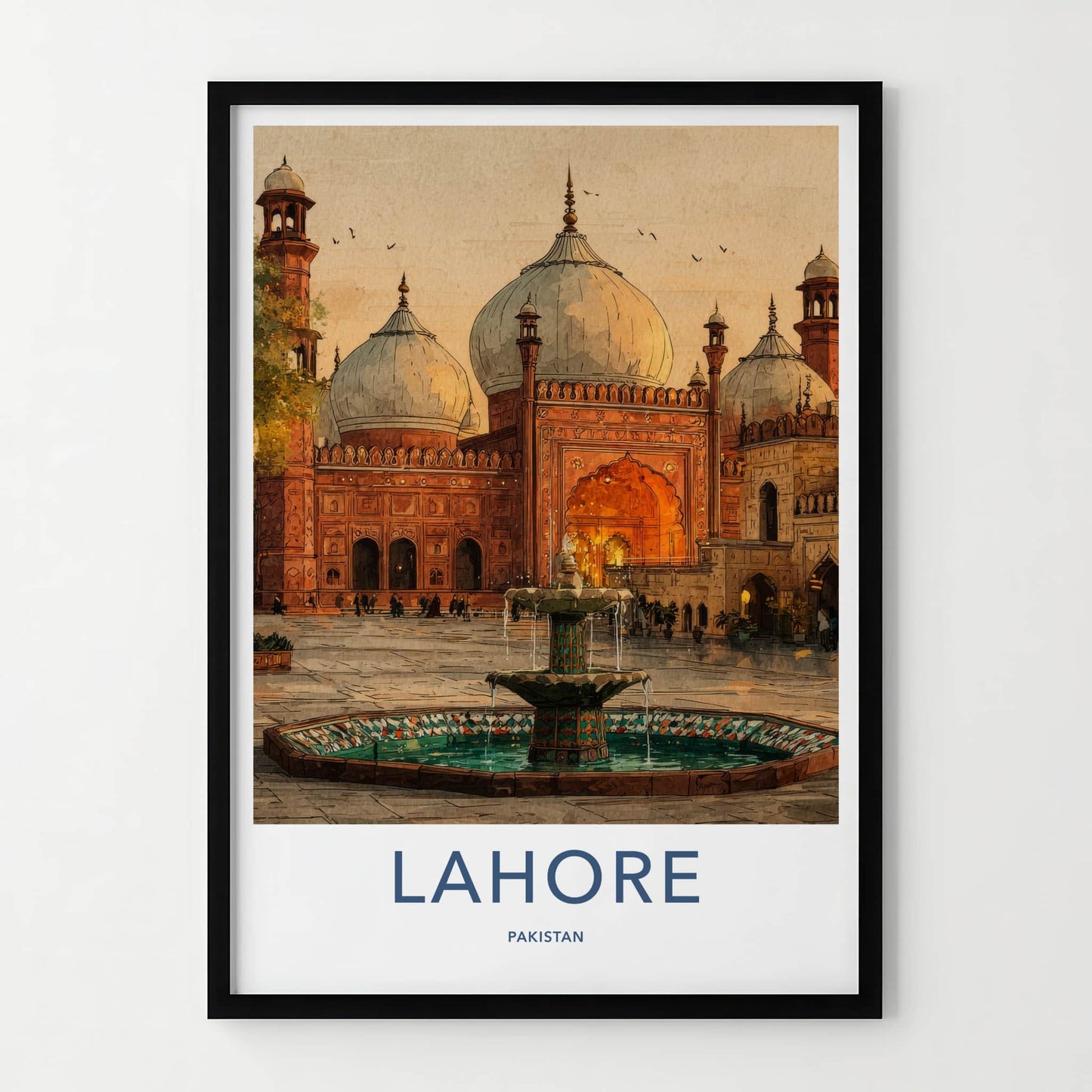 Lahore Poster - Pakistan Travel Print - Grand Mosque Fountain Home Decor