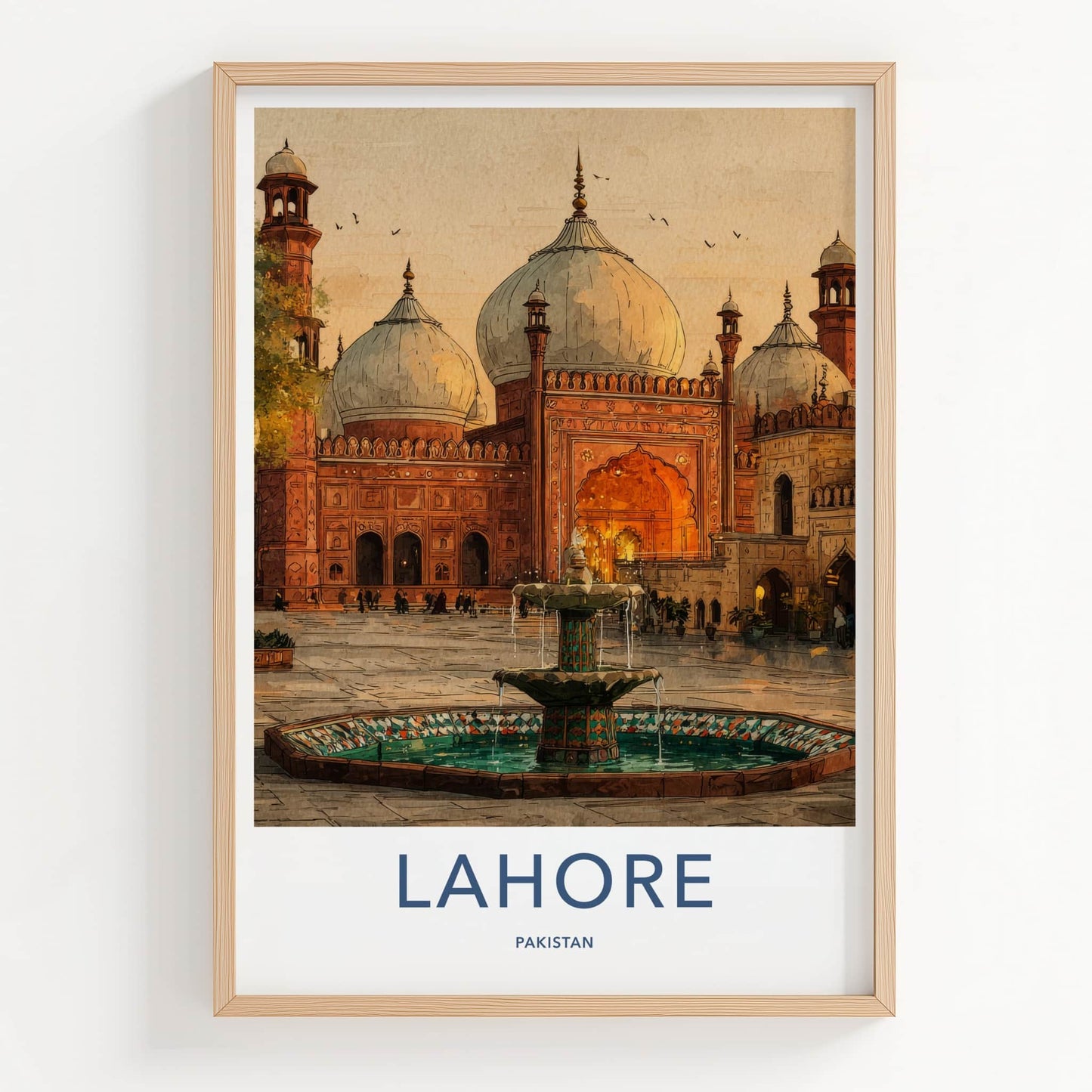 Lahore Poster - Pakistan Travel Print - Grand Mosque Fountain Home Decor