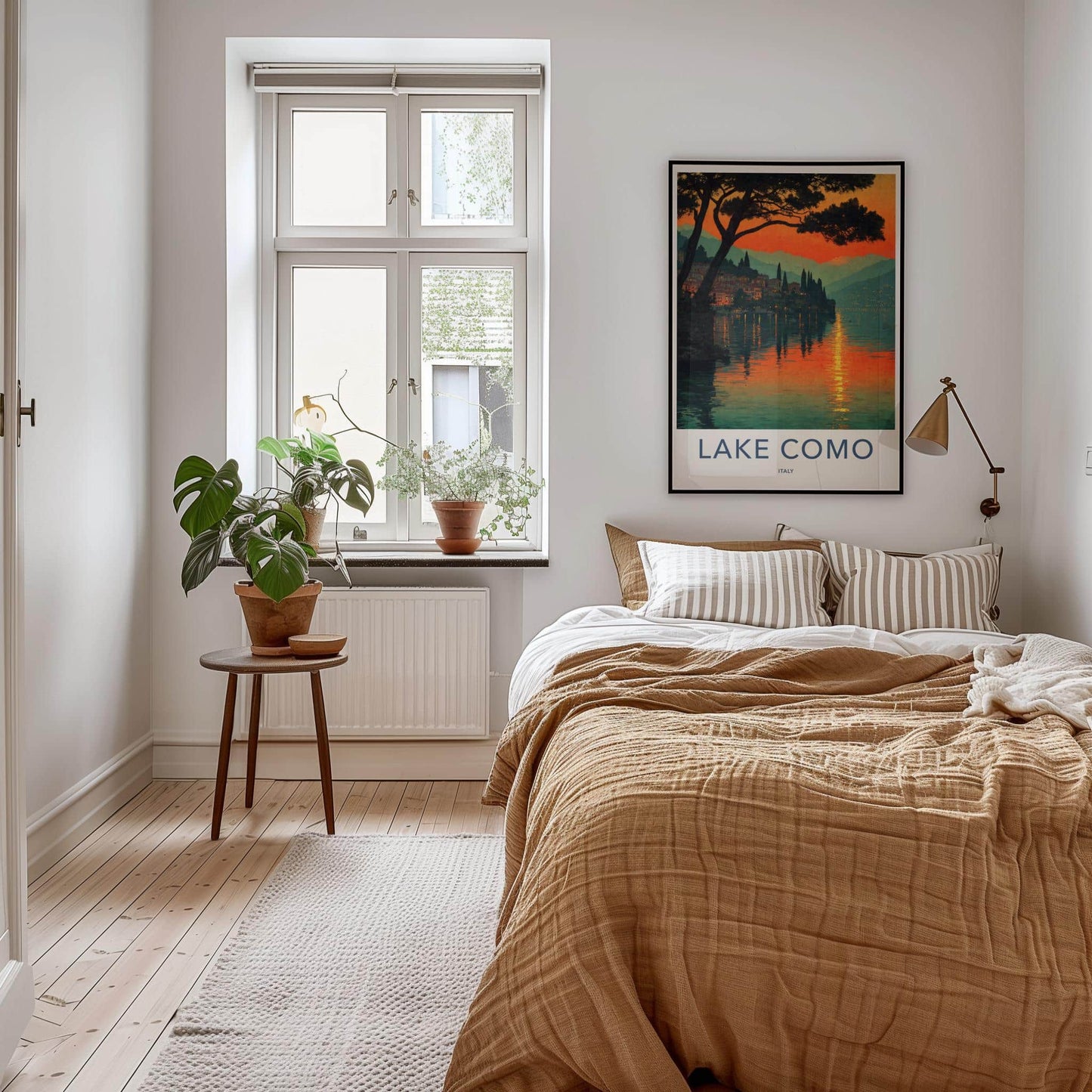 Lake Como Poster - Italy Travel Art - Sunset Village Reflection Home Decor
