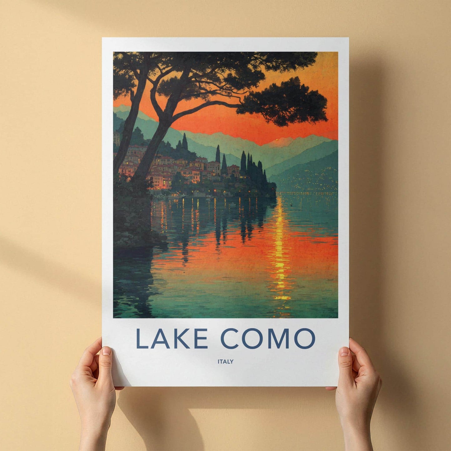 Lake Como Poster - Italy Travel Art - Sunset Village Reflection Home Decor
