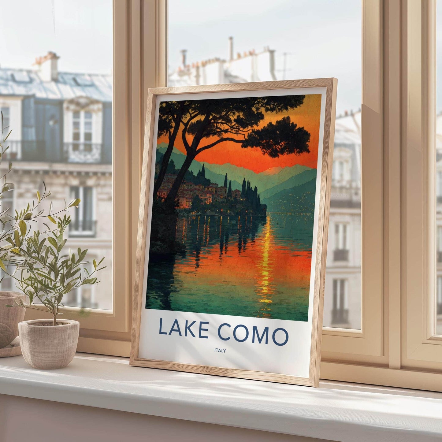 Lake Como Poster - Italy Travel Art - Sunset Village Reflection Home Decor