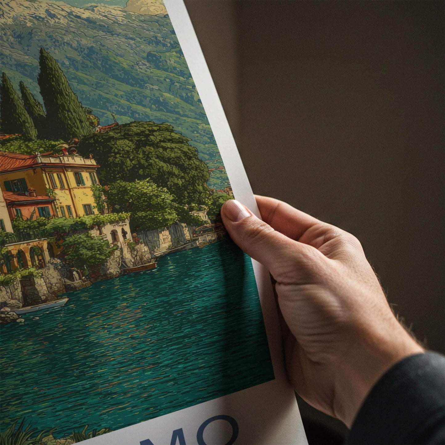 Lake Como Poster - Italy Travel Art - Terraced Homes Mountain Home Decor