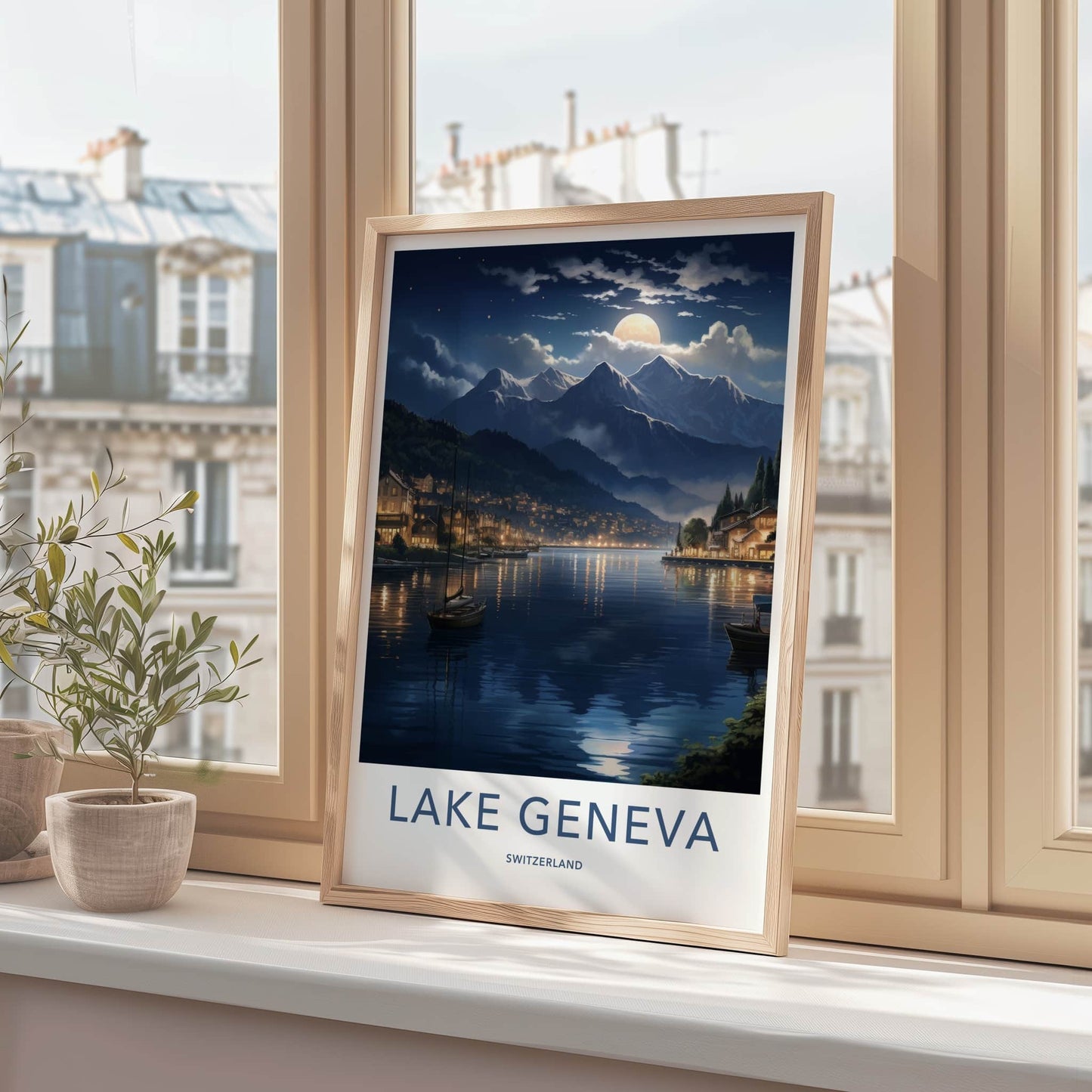Lake Geneva Poster - Switzerland Art Print - Moonlit Mountain Lake Home Decor
