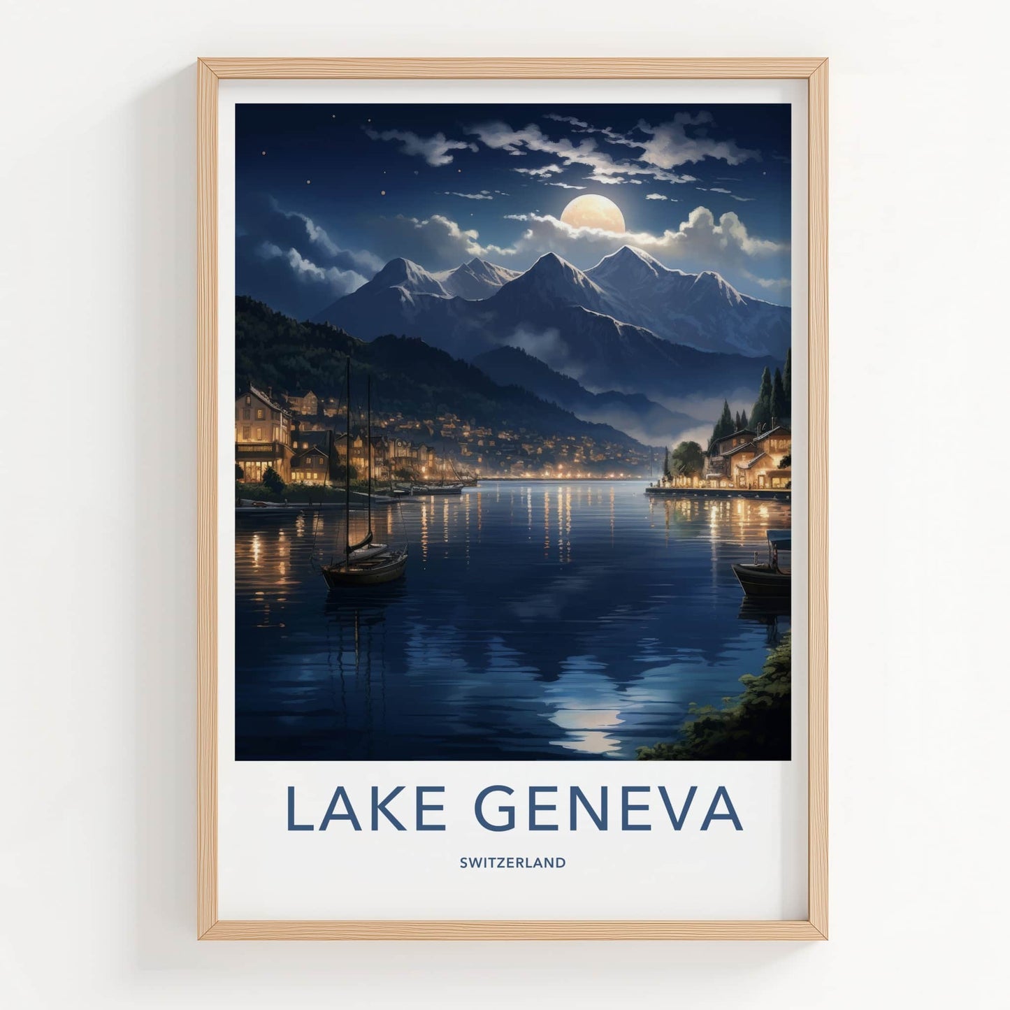 Lake Geneva Poster - Switzerland Art Print - Moonlit Mountain Lake Home Decor
