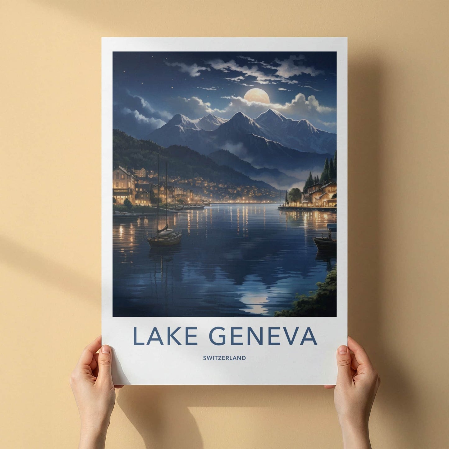 Lake Geneva Poster - Switzerland Art Print - Moonlit Mountain Lake Home Decor