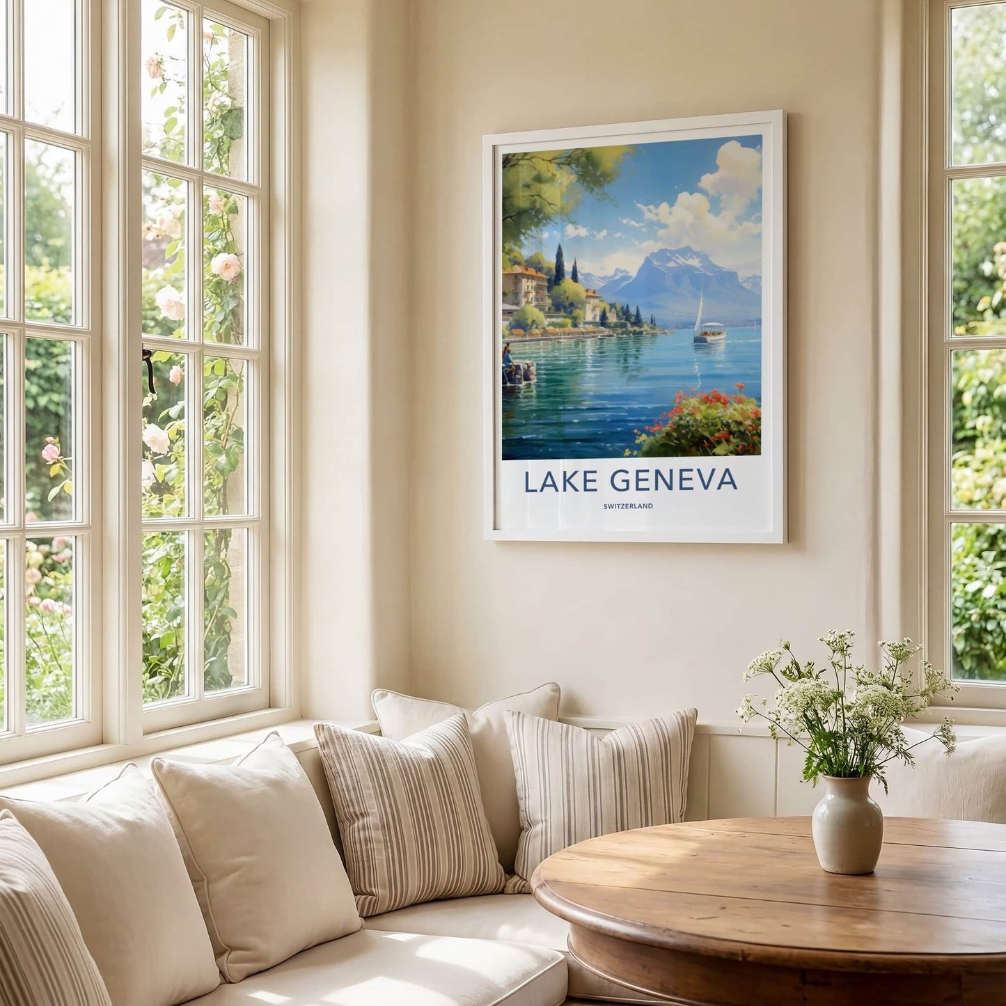 Lake Geneva Poster - Switzerland Travel Art - Sailboat Mountain Shore Home Decor