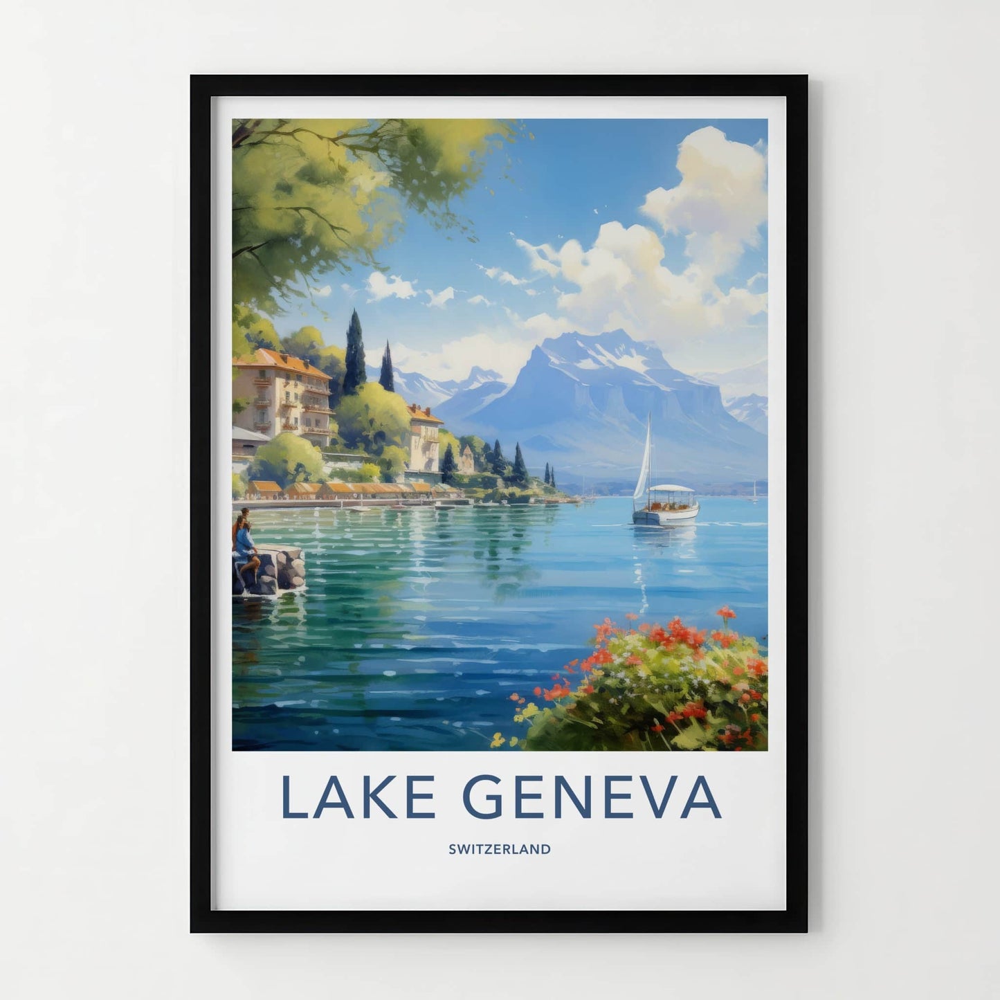 Lake Geneva Poster - Switzerland Travel Art - Sailboat Mountain Shore Home Decor