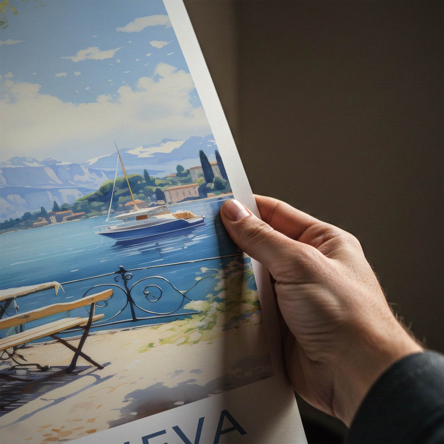 Lake Geneva Poster - Switzerland Travel Art - Terrace Lake View Home Decor