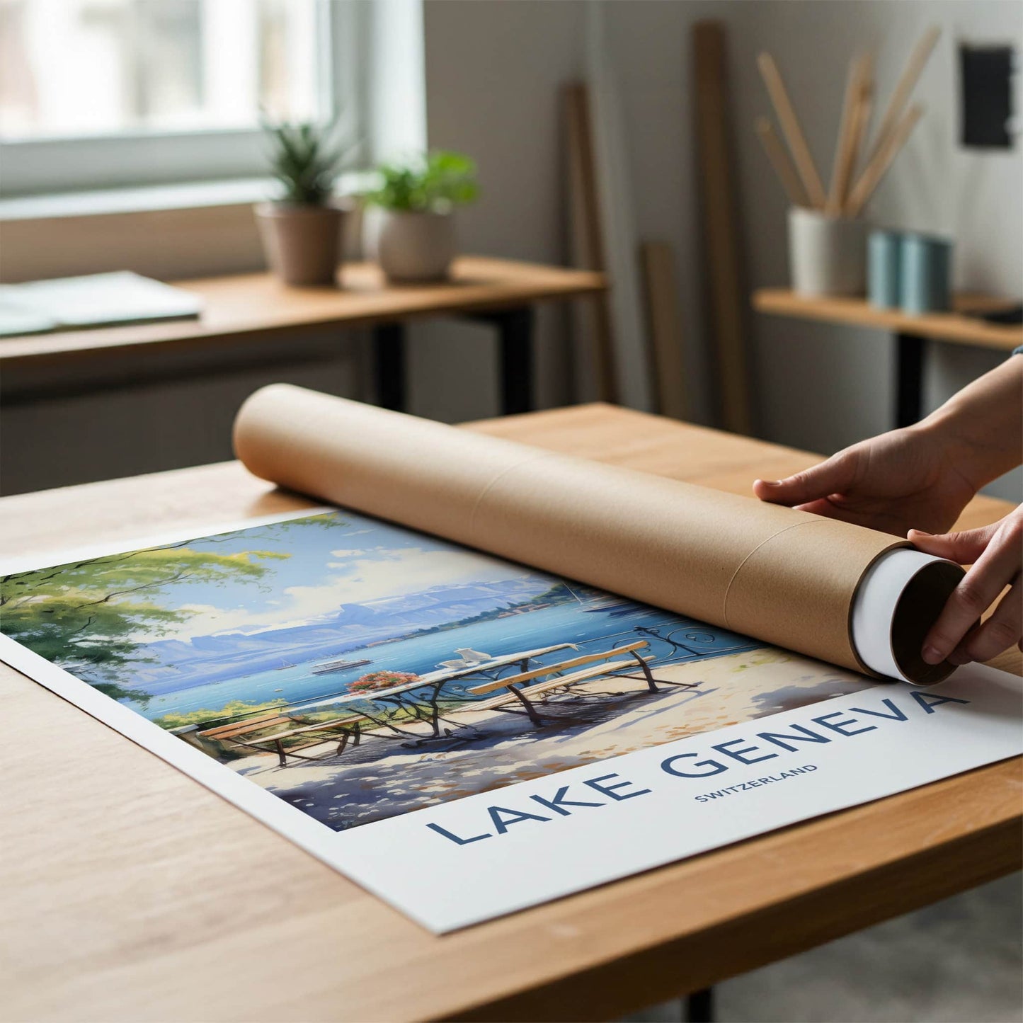 Lake Geneva Poster - Switzerland Travel Art - Terrace Lake View Home Decor