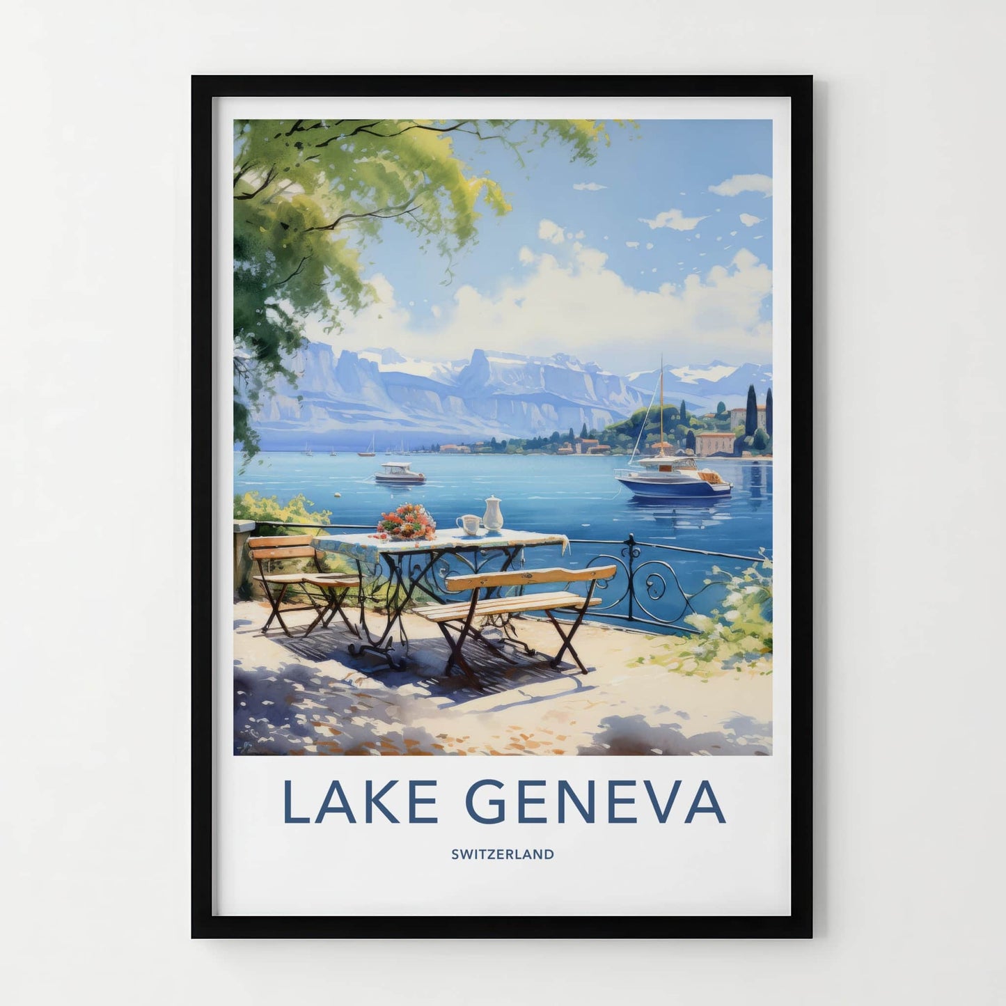 Lake Geneva Poster - Switzerland Travel Art - Terrace Lake View Home Decor
