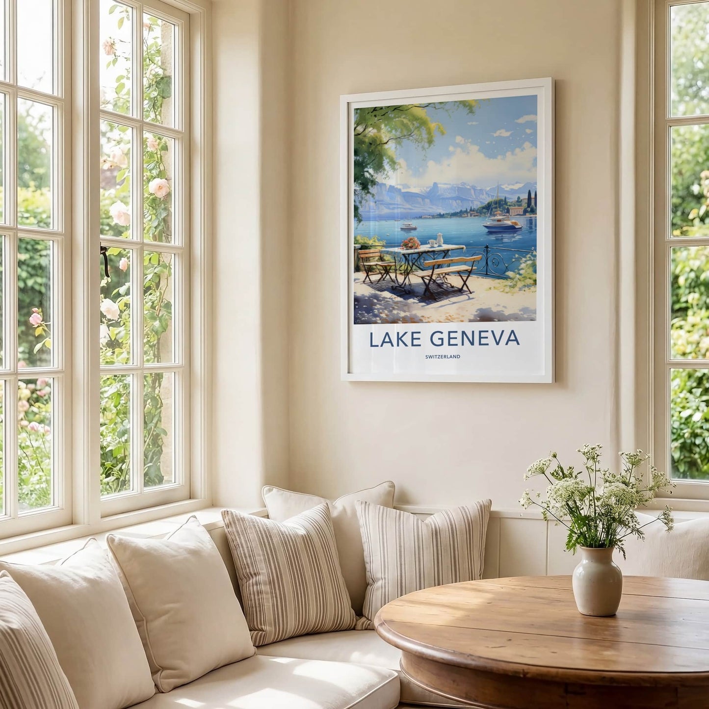 Lake Geneva Poster - Switzerland Travel Art - Terrace Lake View Home Decor