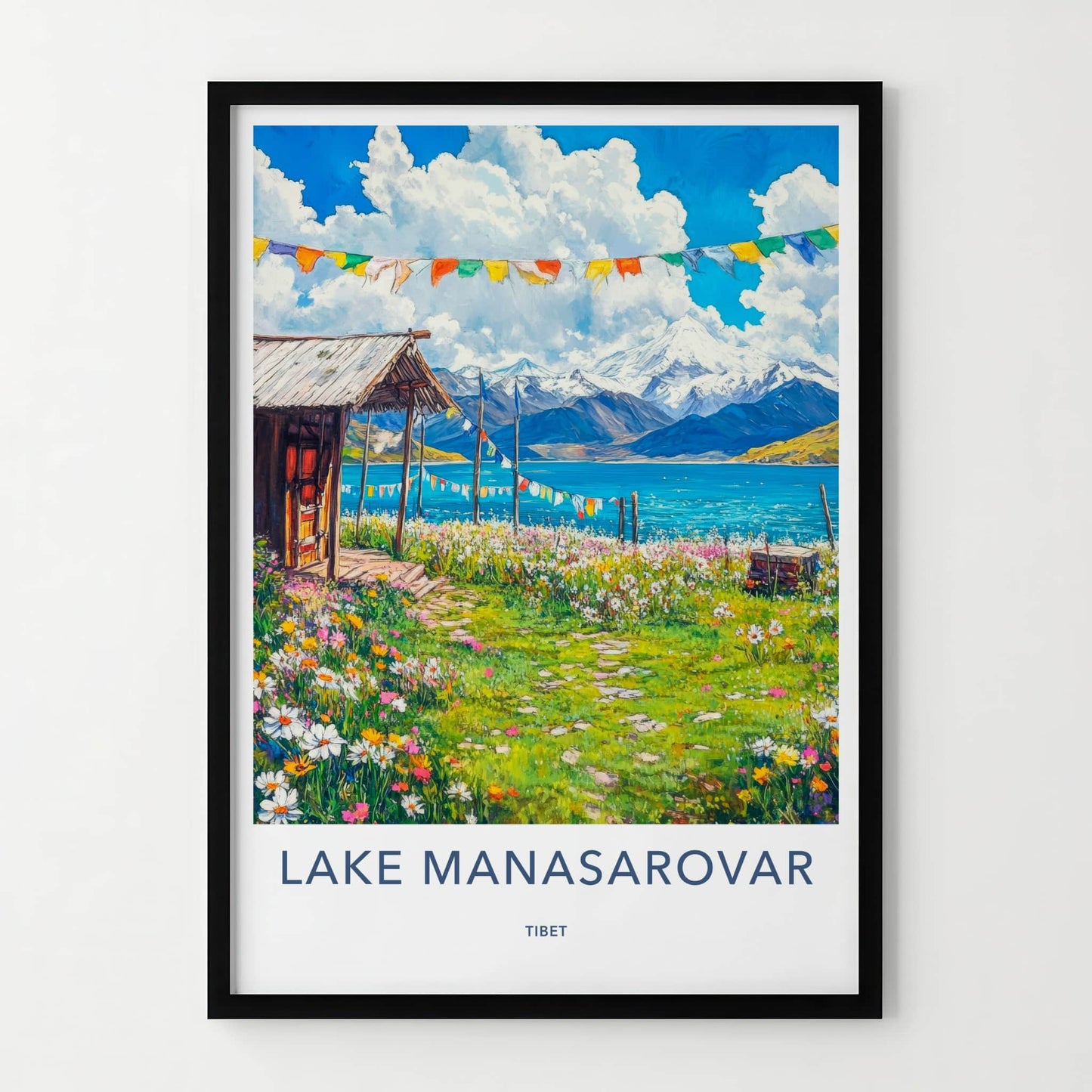 Lake Manasarovar Poster - Tibet Travel Art - Lakeside Cabin Flowers Wall Decor