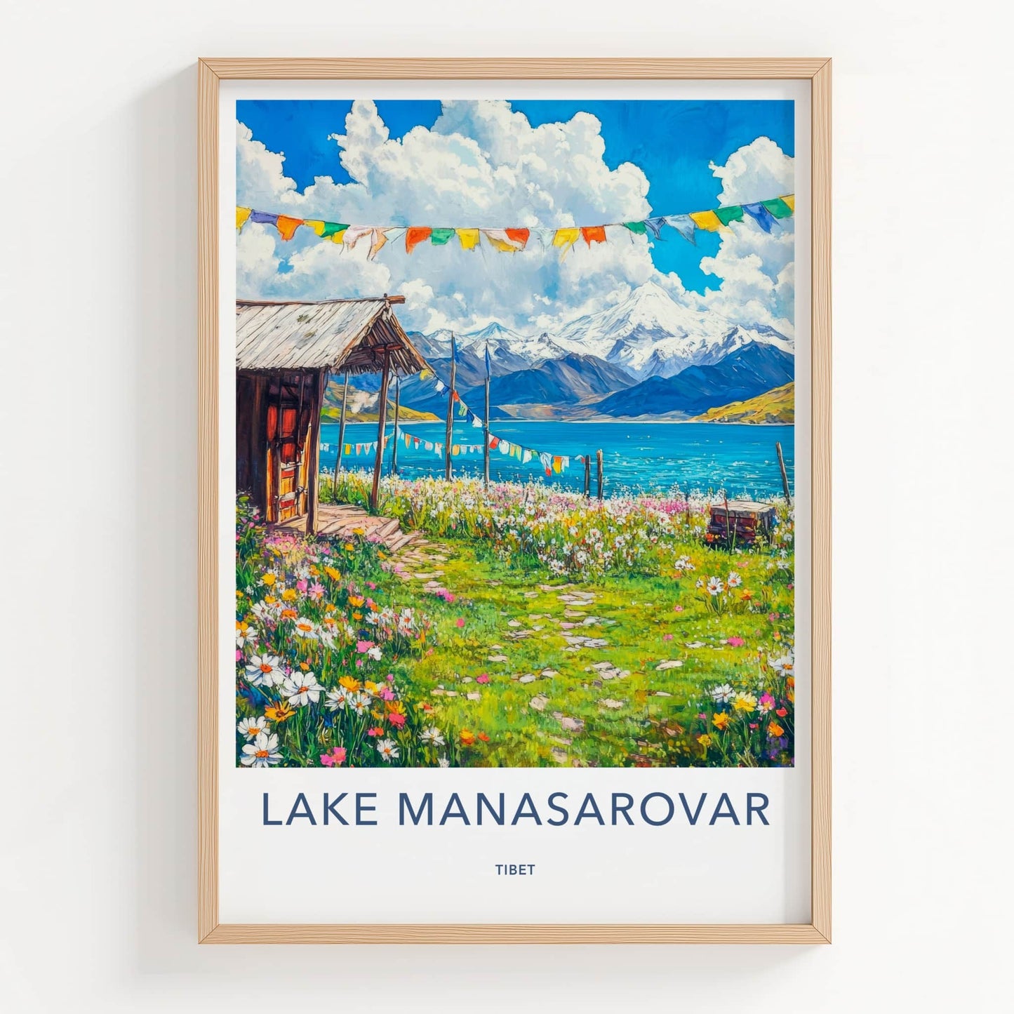 Lake Manasarovar Poster - Tibet Travel Art - Lakeside Cabin Flowers Wall Decor