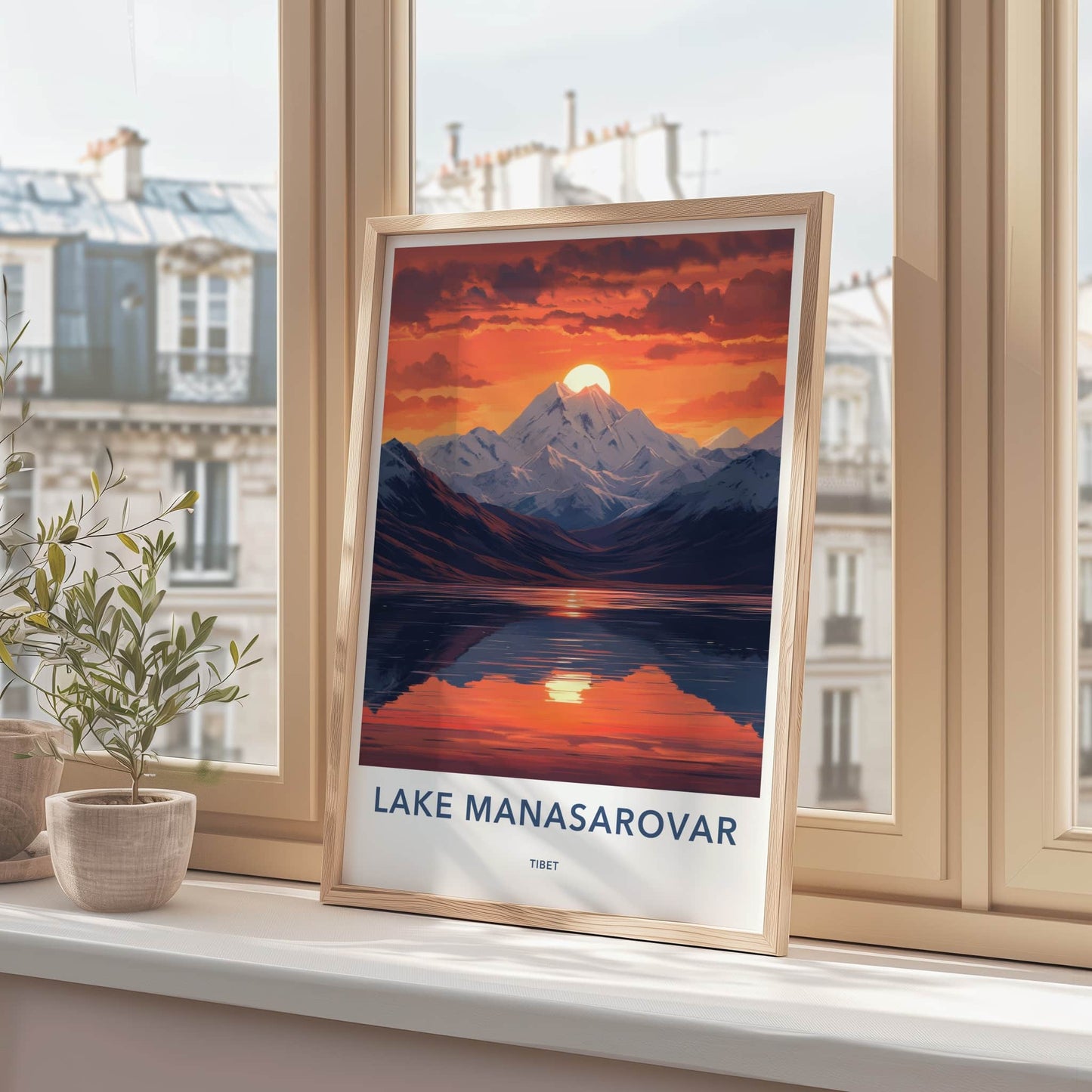 Lake Manasarovar Poster - Tibet Travel Art - Orange Sky Reflection Home Decor